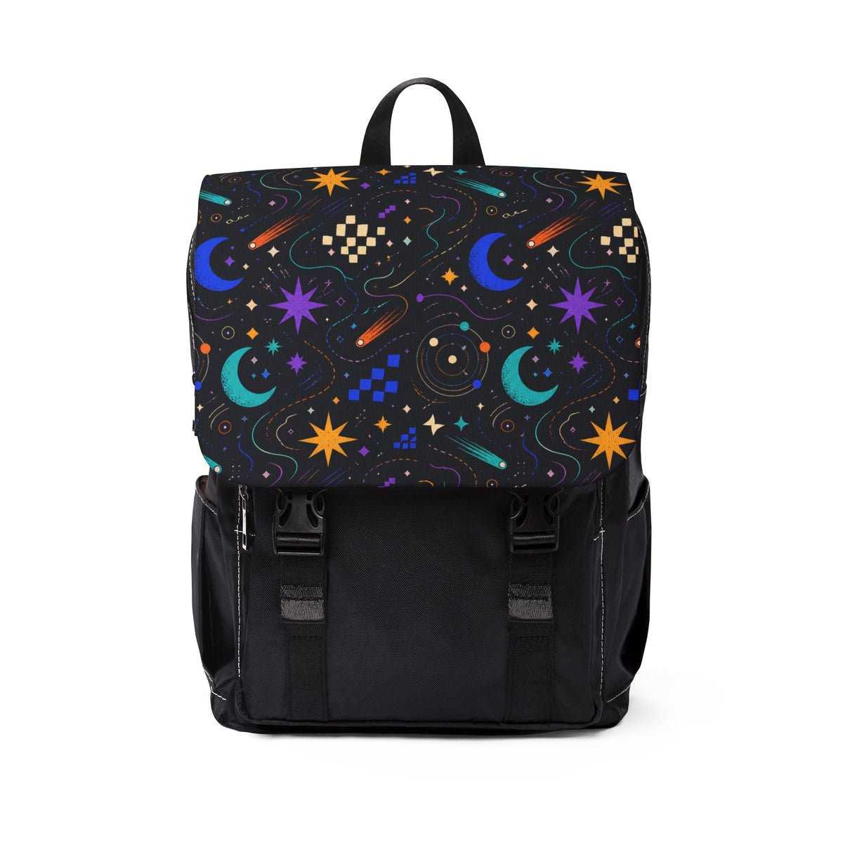 Celestial moon and stars Oxford canvas backpack shown as the exact finished product