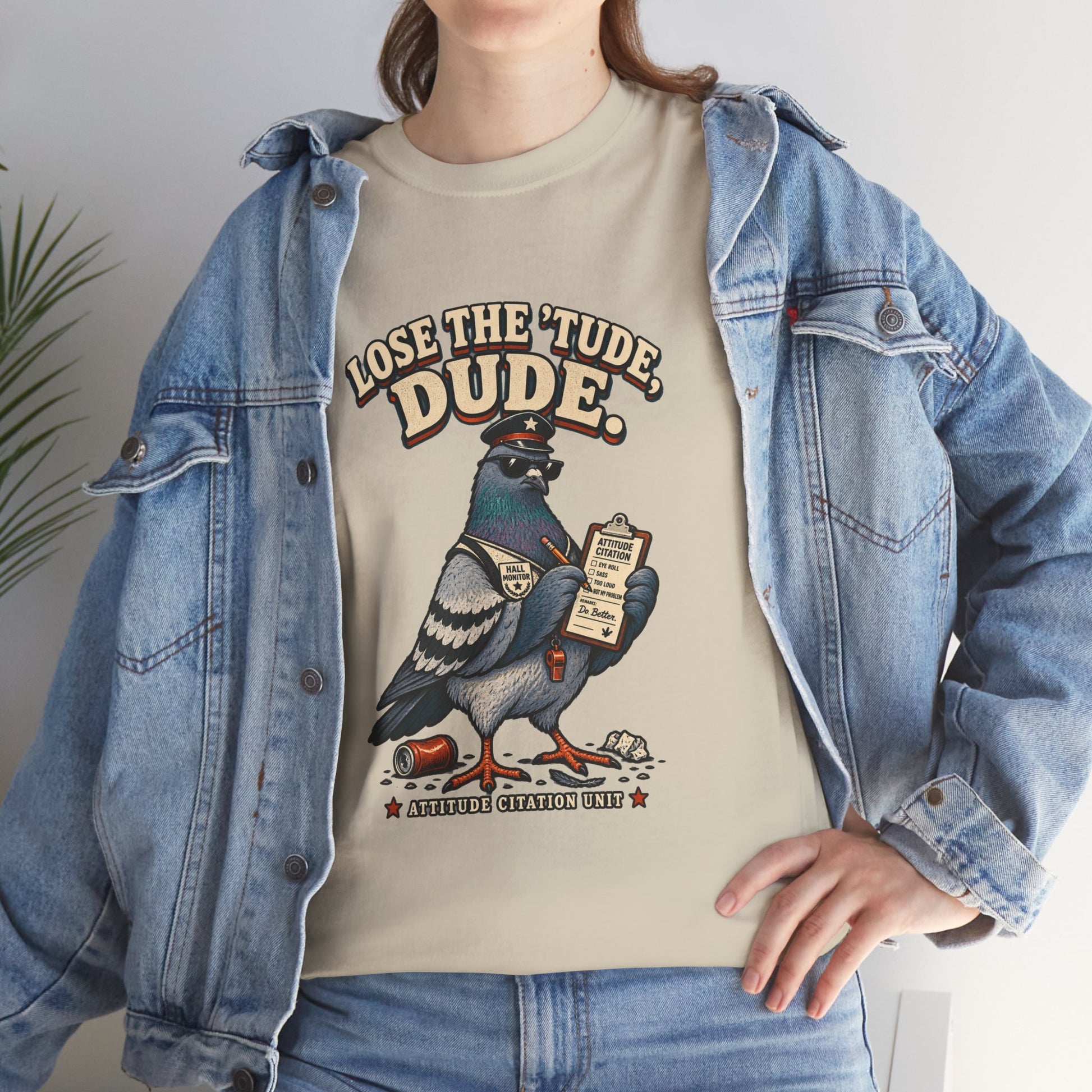 Lose the ’Tude Dude Petty Pigeon Tee, Black shirt worn under a denim jacket