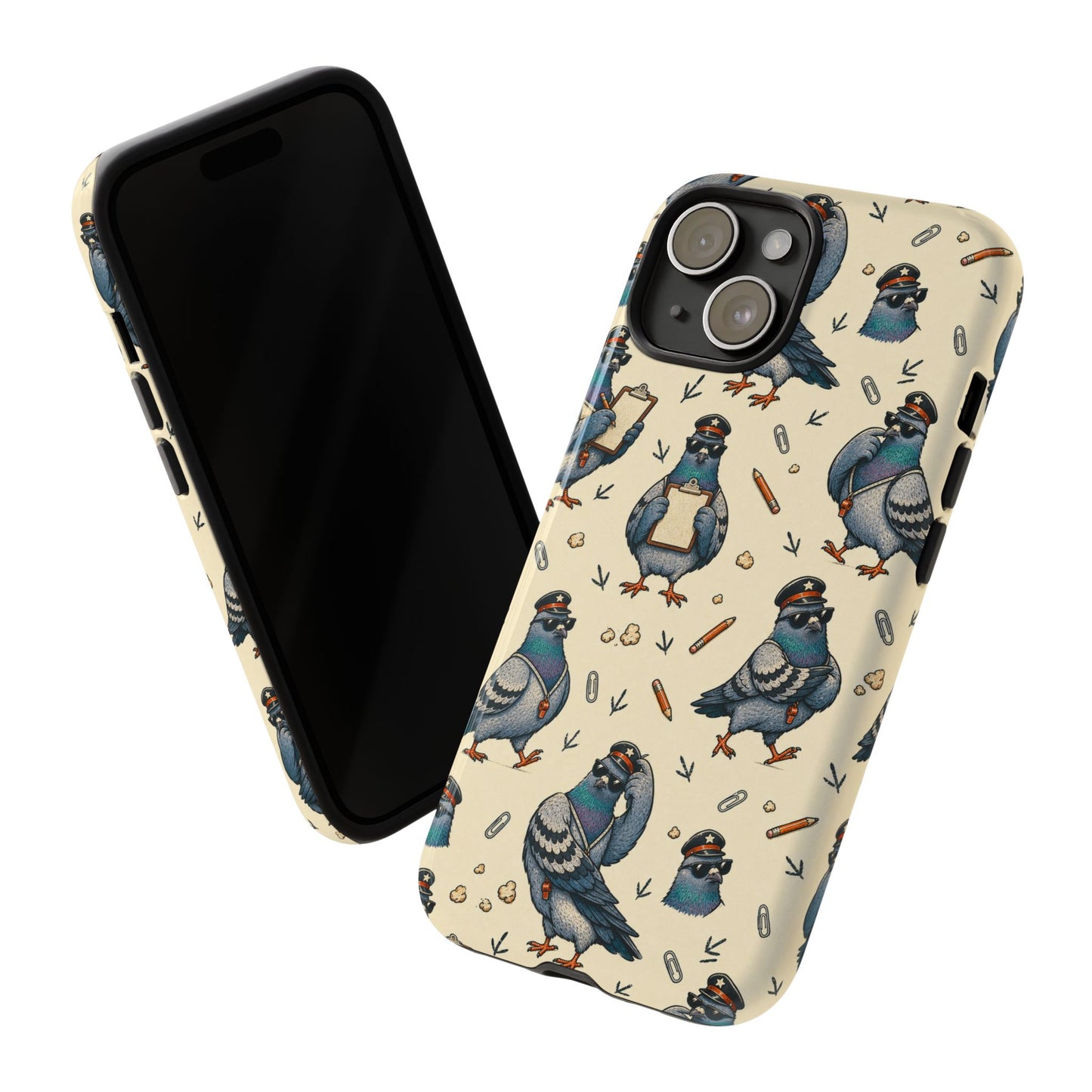 Petty Pigeon Pattern Tough Phone Case, tough case front-and-back angled view