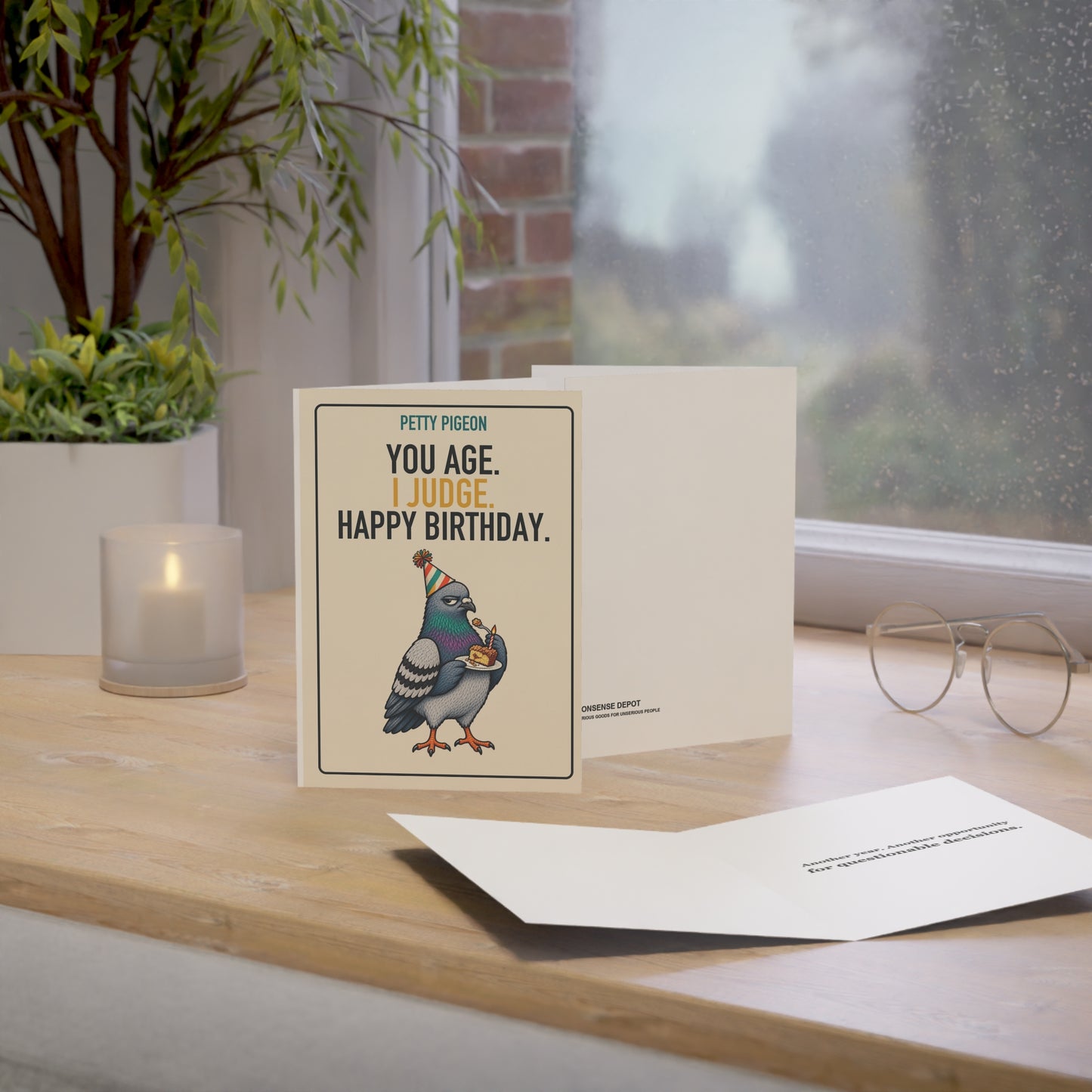 You Age. I Judge. Birthday Card, upright card in a styled desk scene