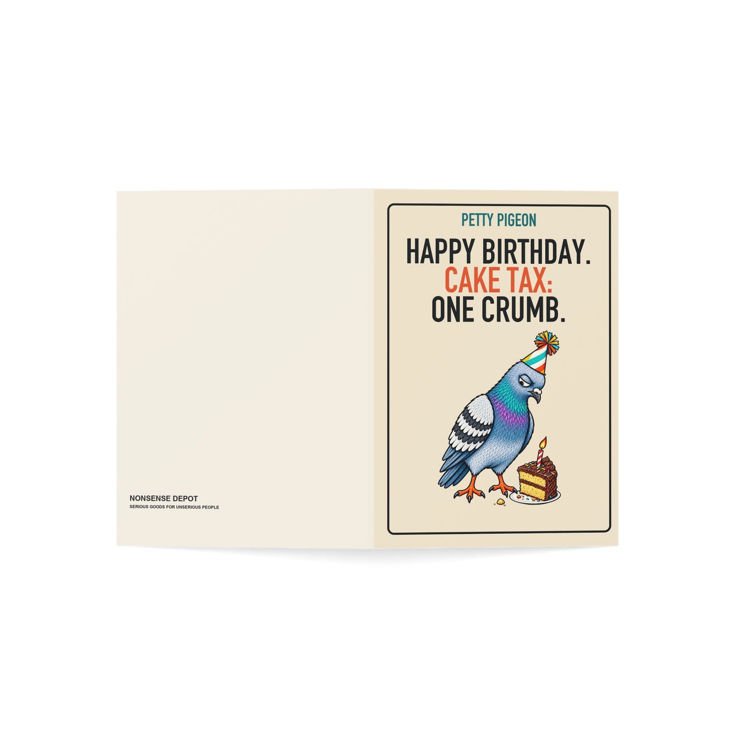 Cake Tax Pigeon Birthday Card, open card showing the front and back