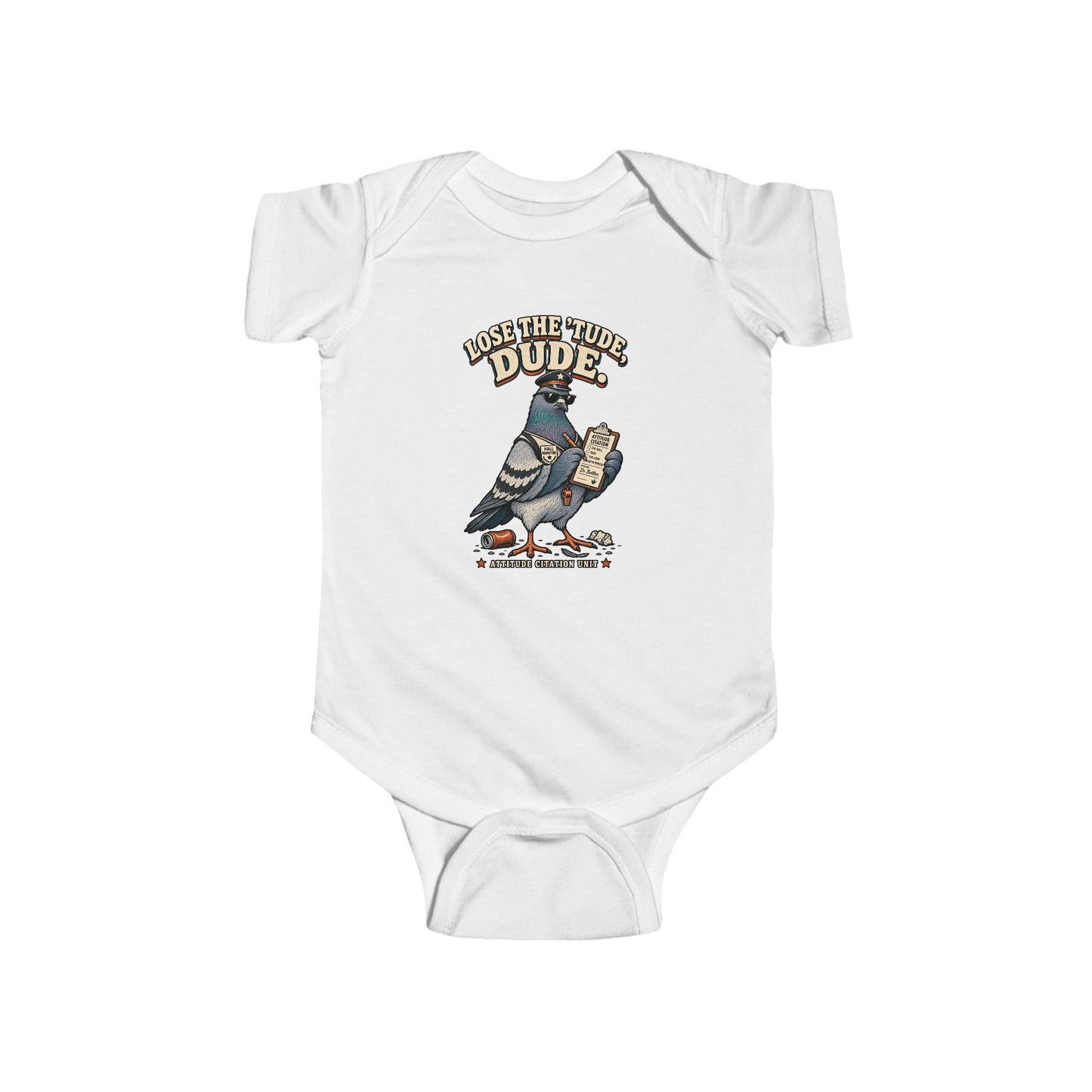 Lose the ’Tude Dude Baby Bodysuit, White infant bodysuit front view