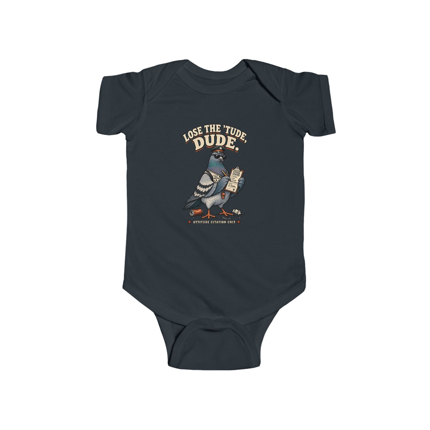Lose the ’Tude Dude Baby Bodysuit, Black infant bodysuit front view