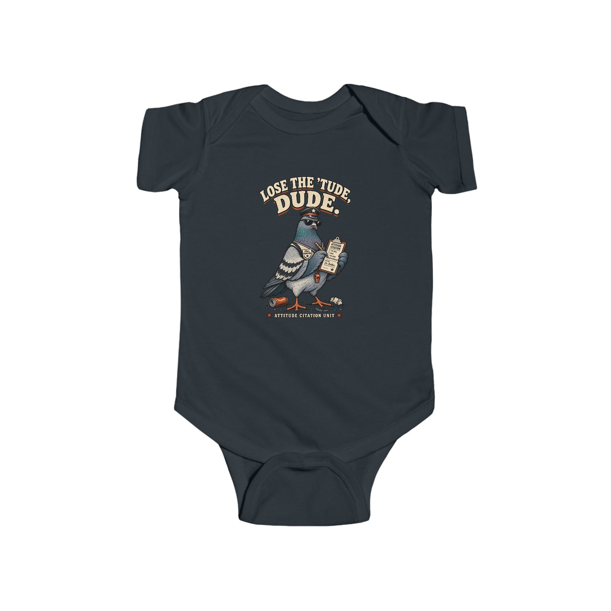 Lose the ’Tude Dude Baby Bodysuit, Black infant bodysuit front view