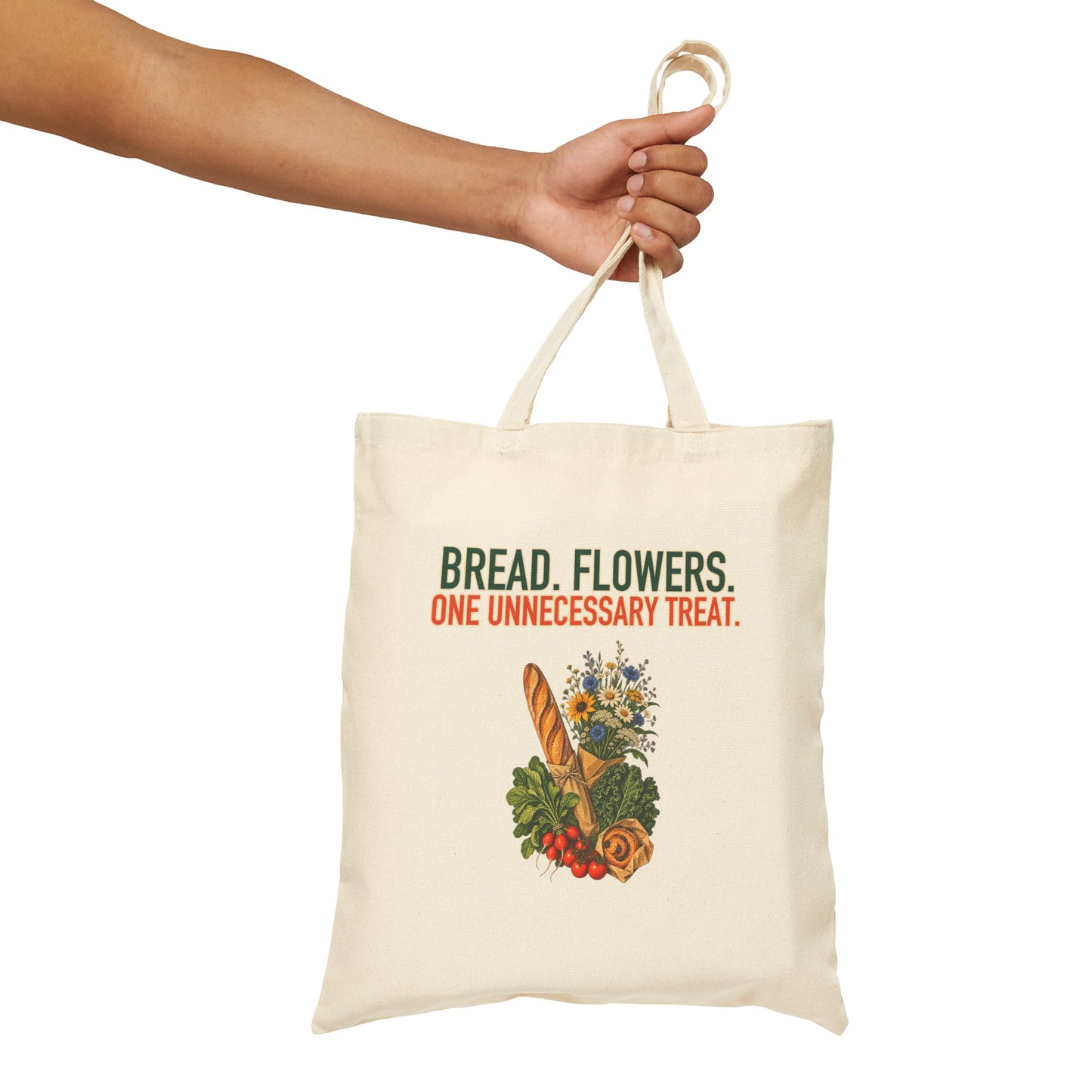 Bread, Flowers & One Treat Market Tote, natural canvas tote held by the handles
