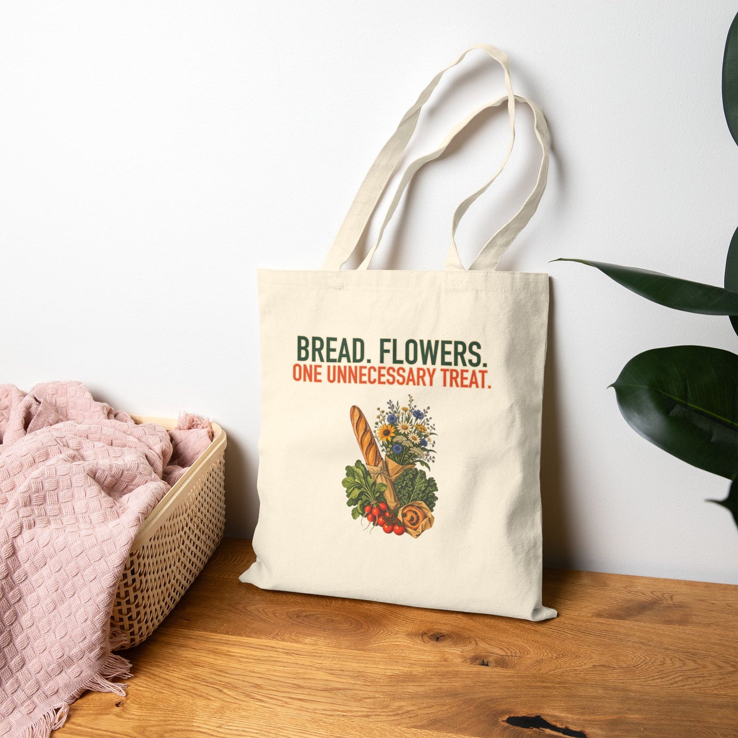 Bread, Flowers & One Treat Market Tote, natural canvas tote displayed in a home setting
