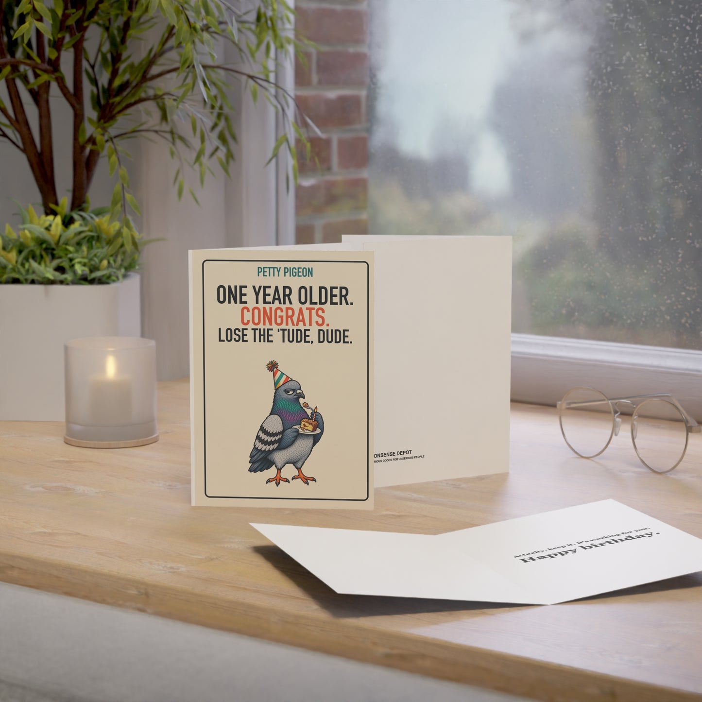 Lose the ’Tude Dude Birthday Card, upright card in a styled desk scene