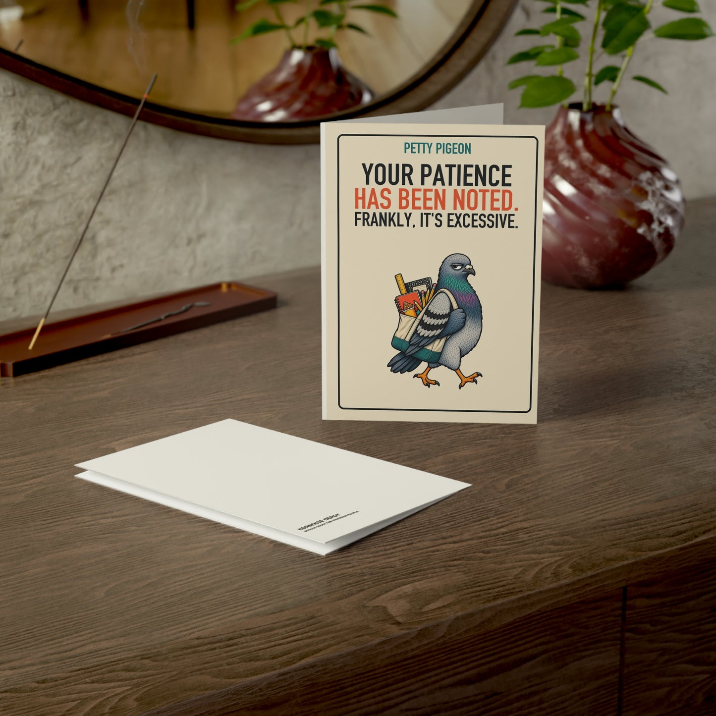 Your Patience Has Been Noted Teacher Card, card and envelope in a tabletop scene