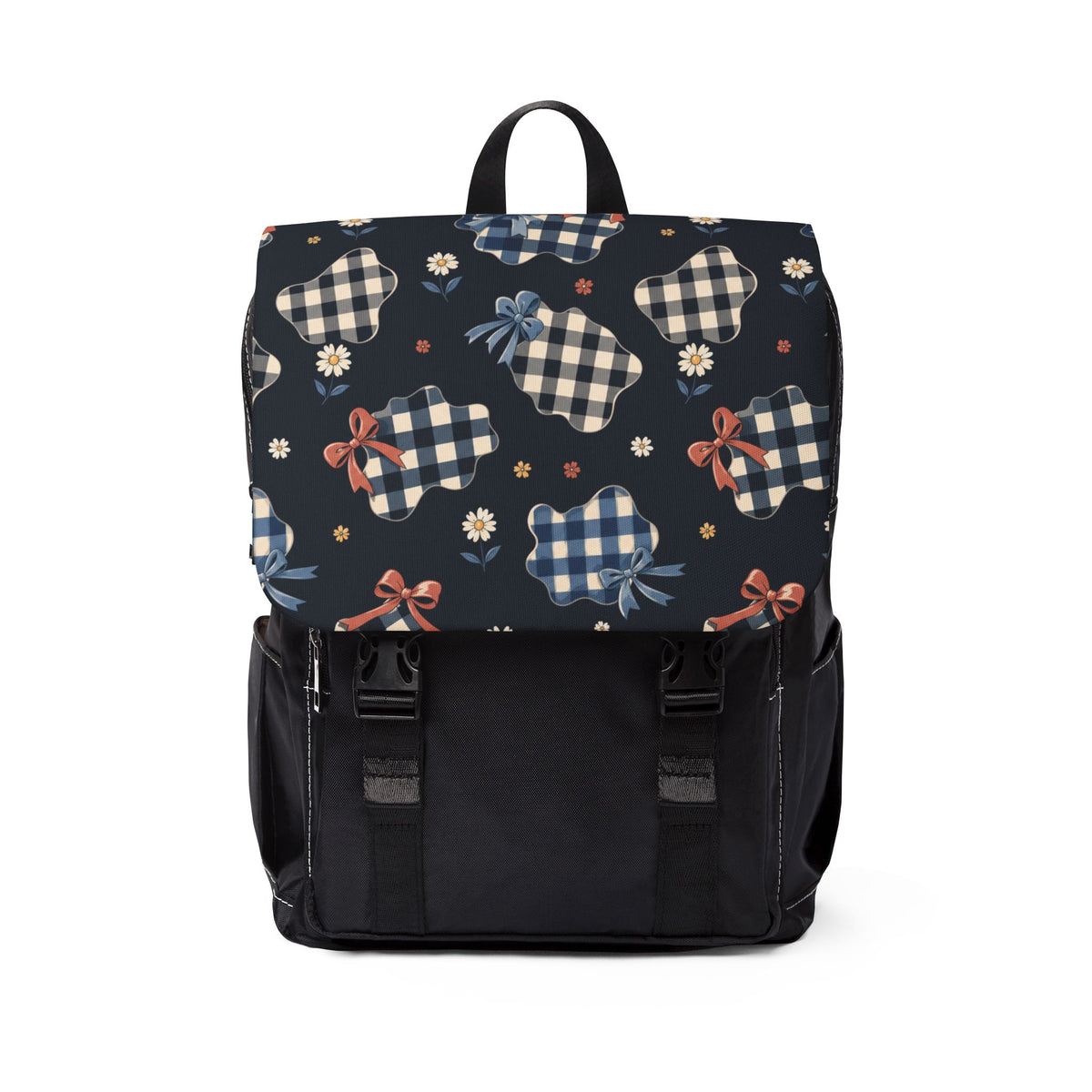 Bow and Gingham Oxford canvas backpack shown as the exact finished product
