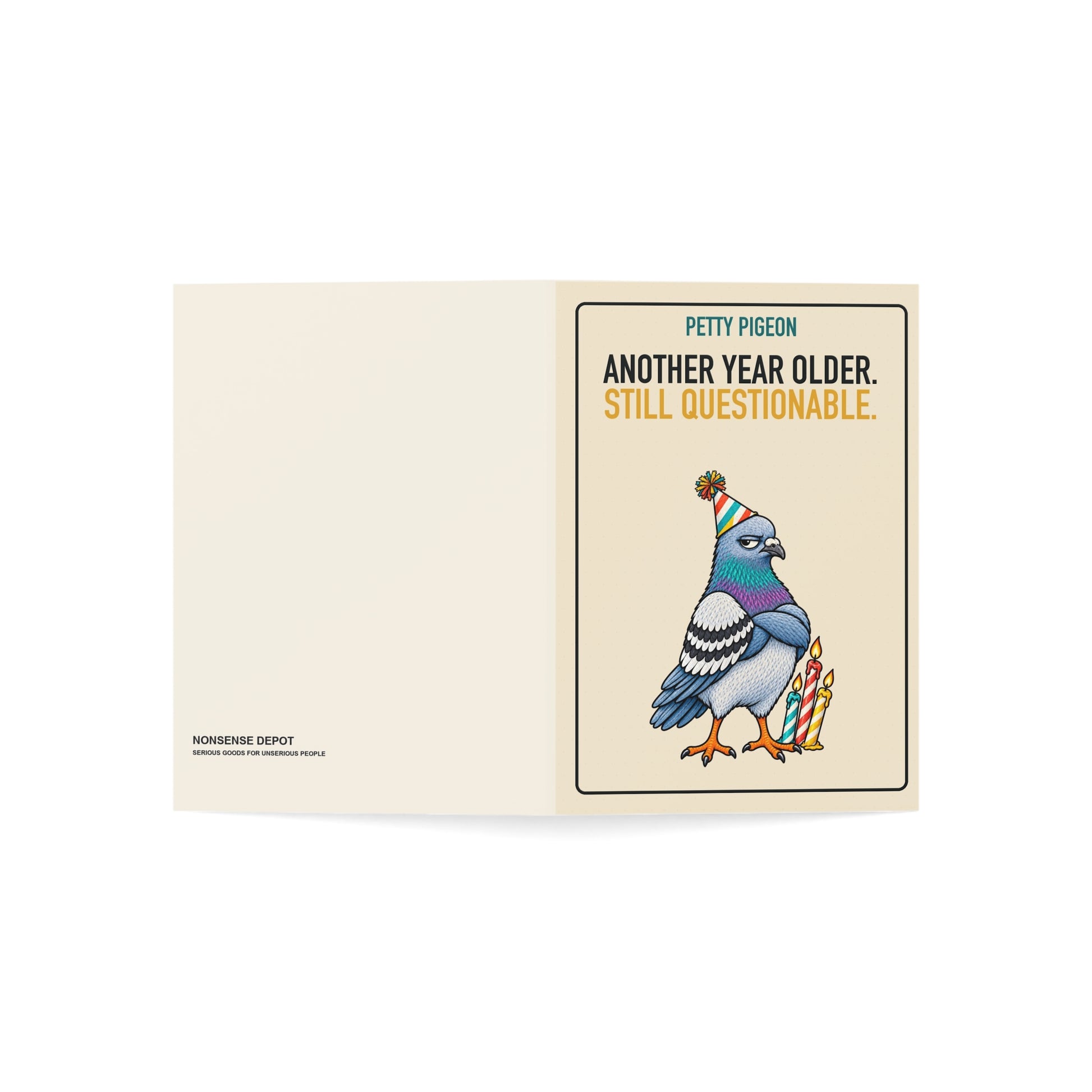 Another Year Older Pigeon Birthday Card, open card showing the front and back