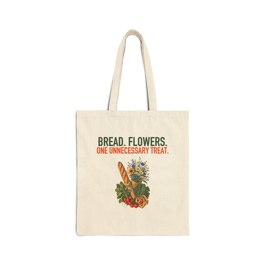 Bread, Flowers & One Treat Market Tote, front print on a natural canvas tote