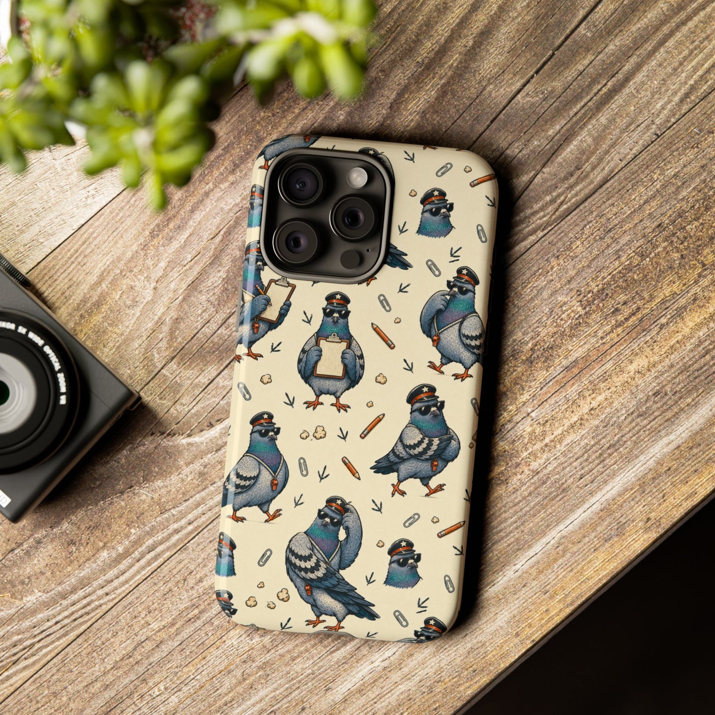 Petty Pigeon Pattern Tough Phone Case, tough case in a wood tabletop scene