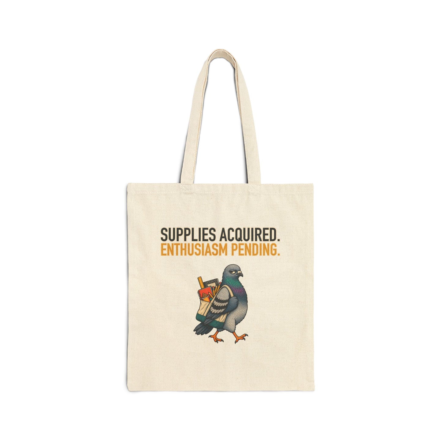 Supplies Acquired Petty Pigeon Tote, front print on a natural canvas tote