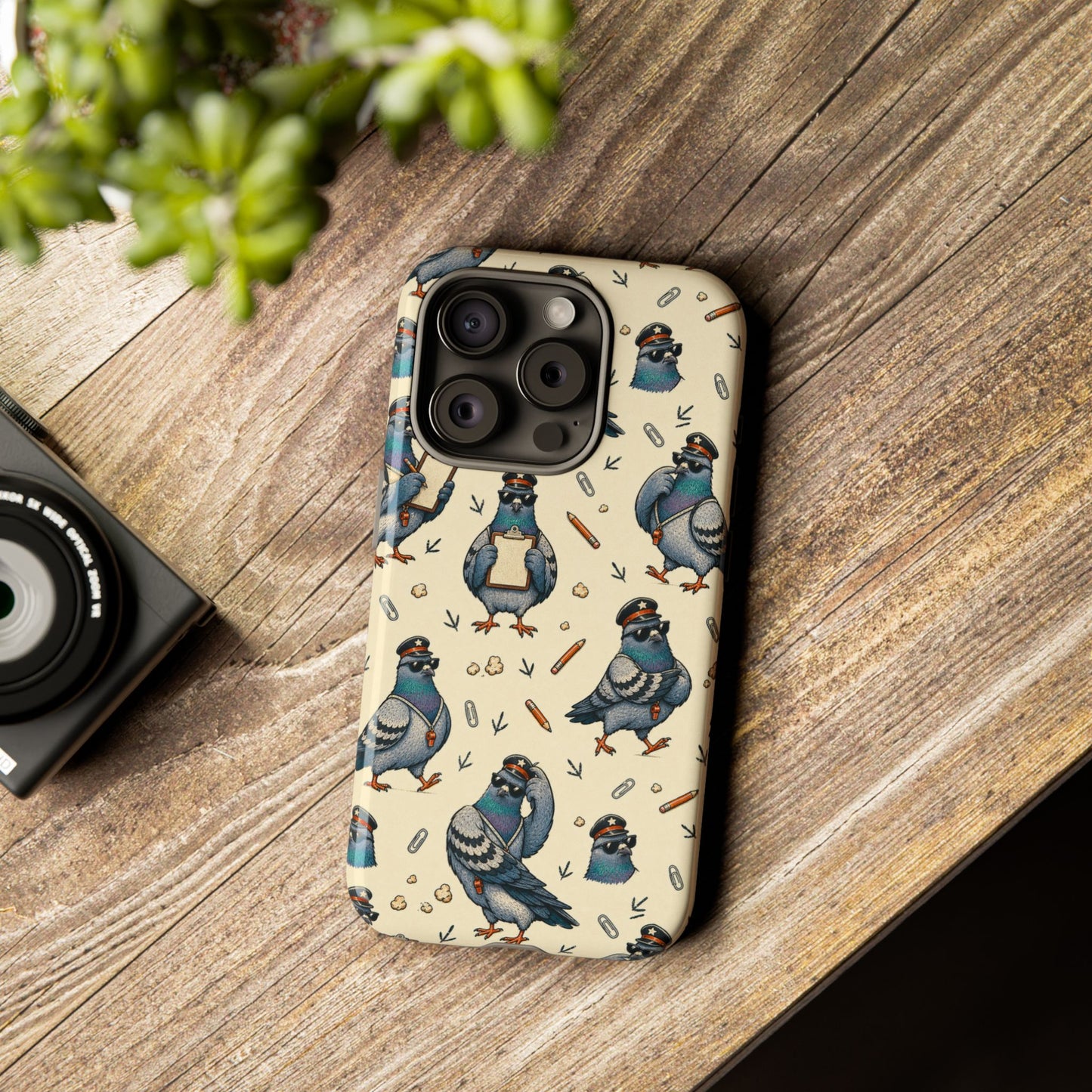 Petty Pigeon Pattern Tough Phone Case, tough case in a wood tabletop scene