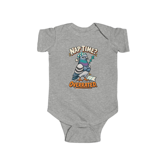Nap Time Is Overrated Baby Bodysuit, Heather infant bodysuit front view