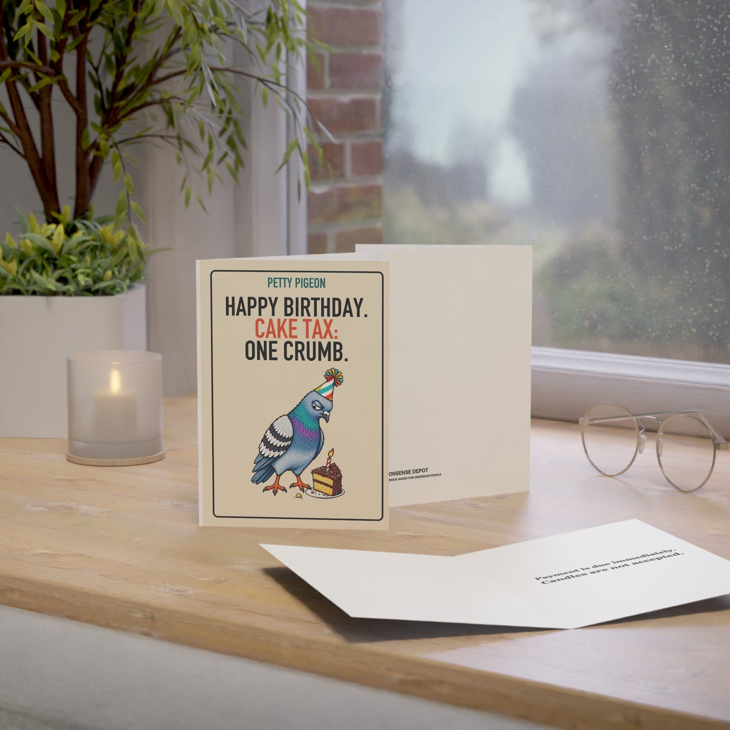 Cake Tax Pigeon Birthday Card, upright card in a styled desk scene