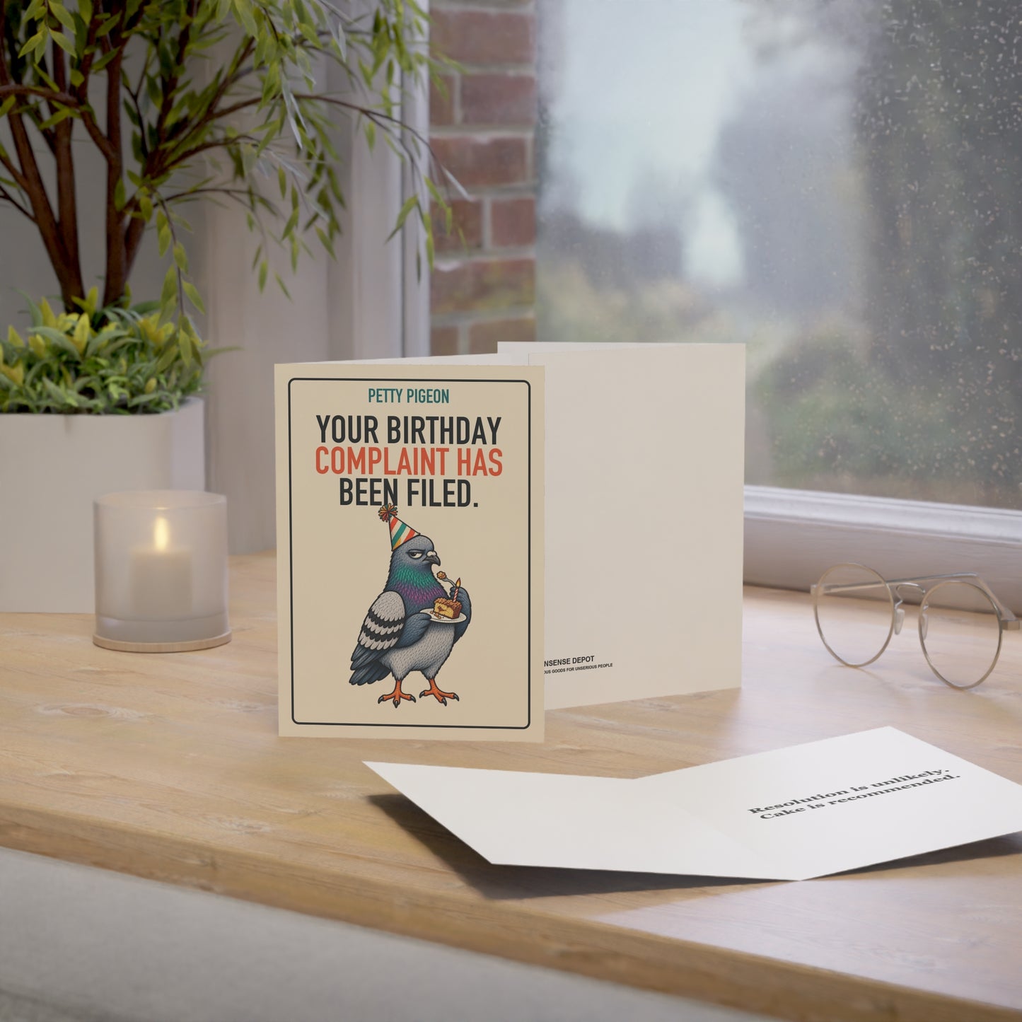 Birthday Complaint Filed Pigeon Card, upright card in a styled desk scene