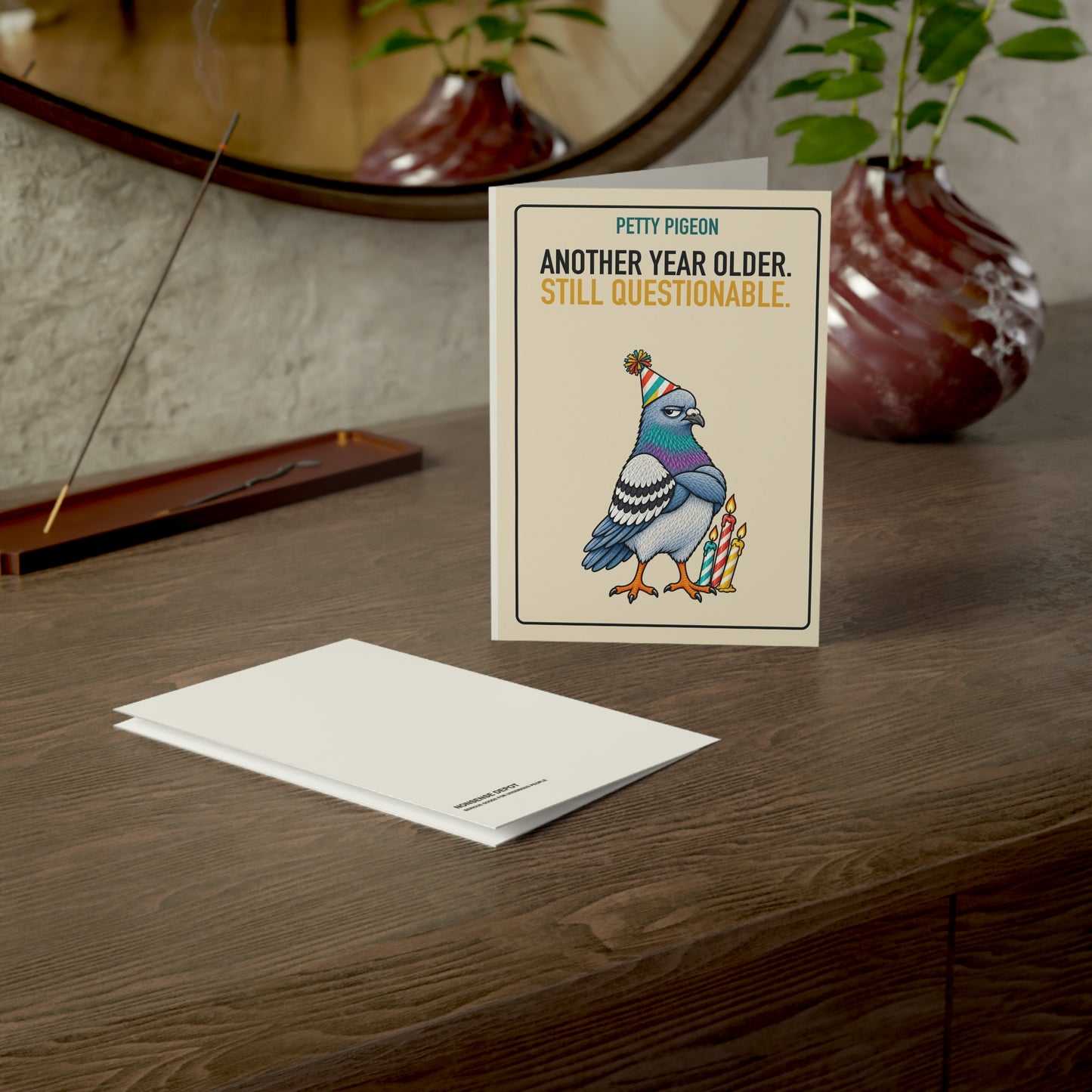 Another Year Older Pigeon Birthday Card, card and envelope in a tabletop scene