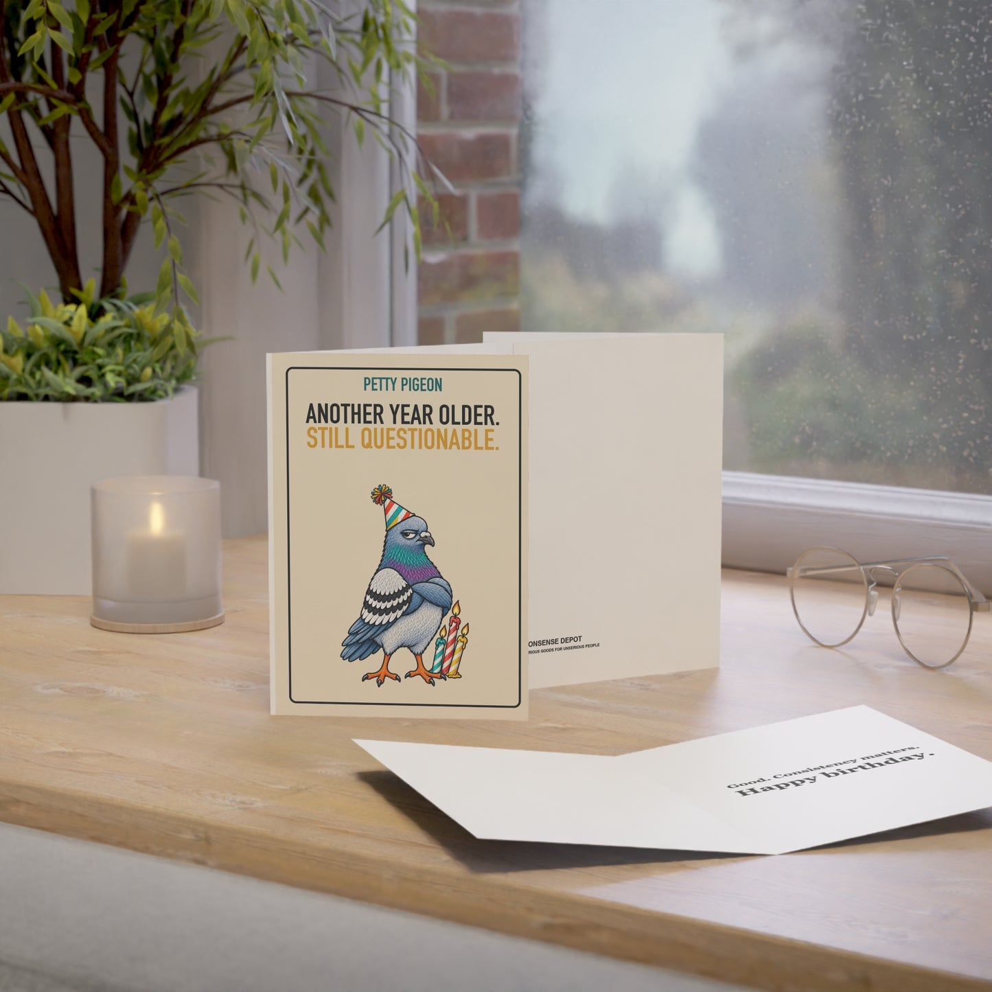 Another Year Older Pigeon Birthday Card, upright card in a styled desk scene