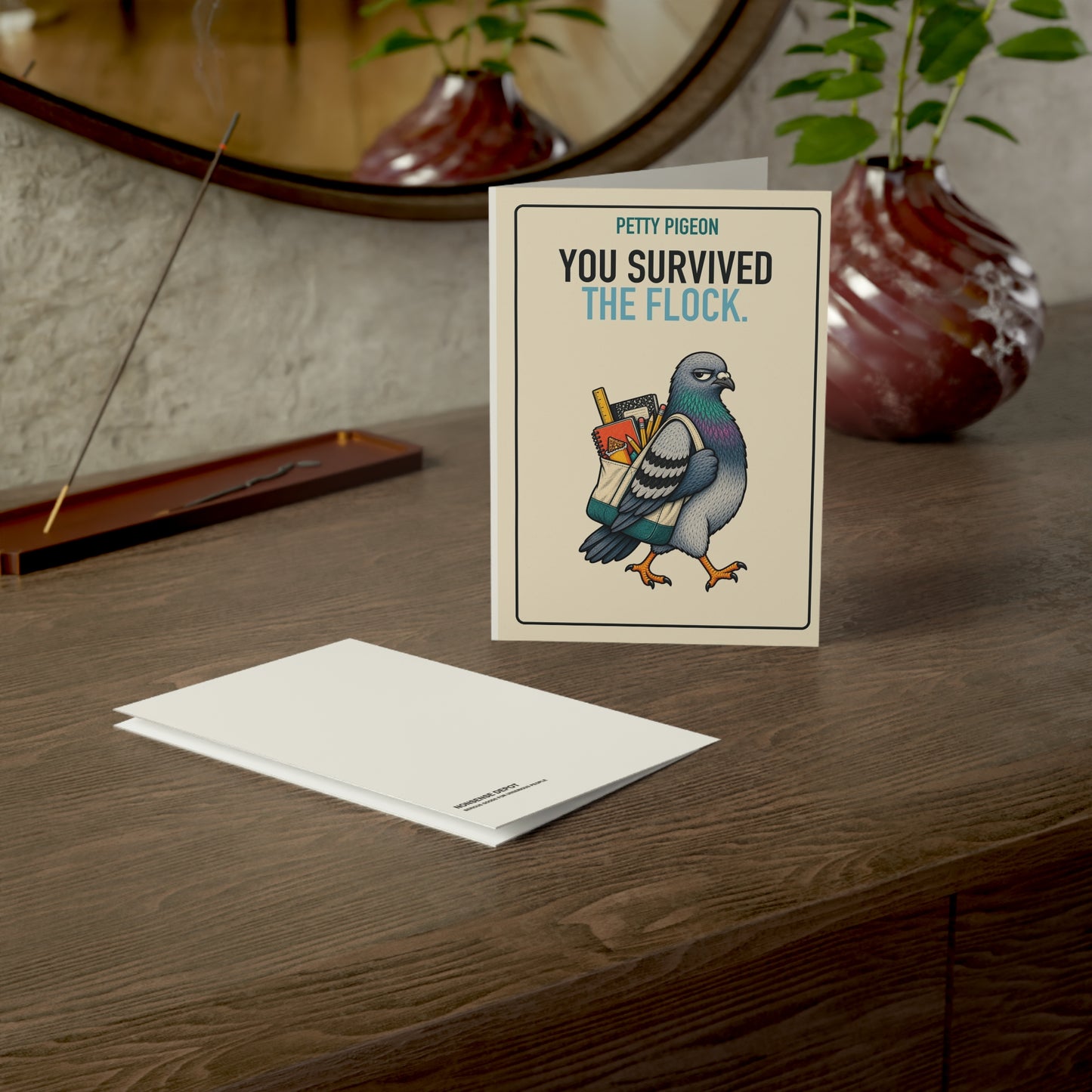 You Survived the Flock Teacher Card, card and envelope in a tabletop scene