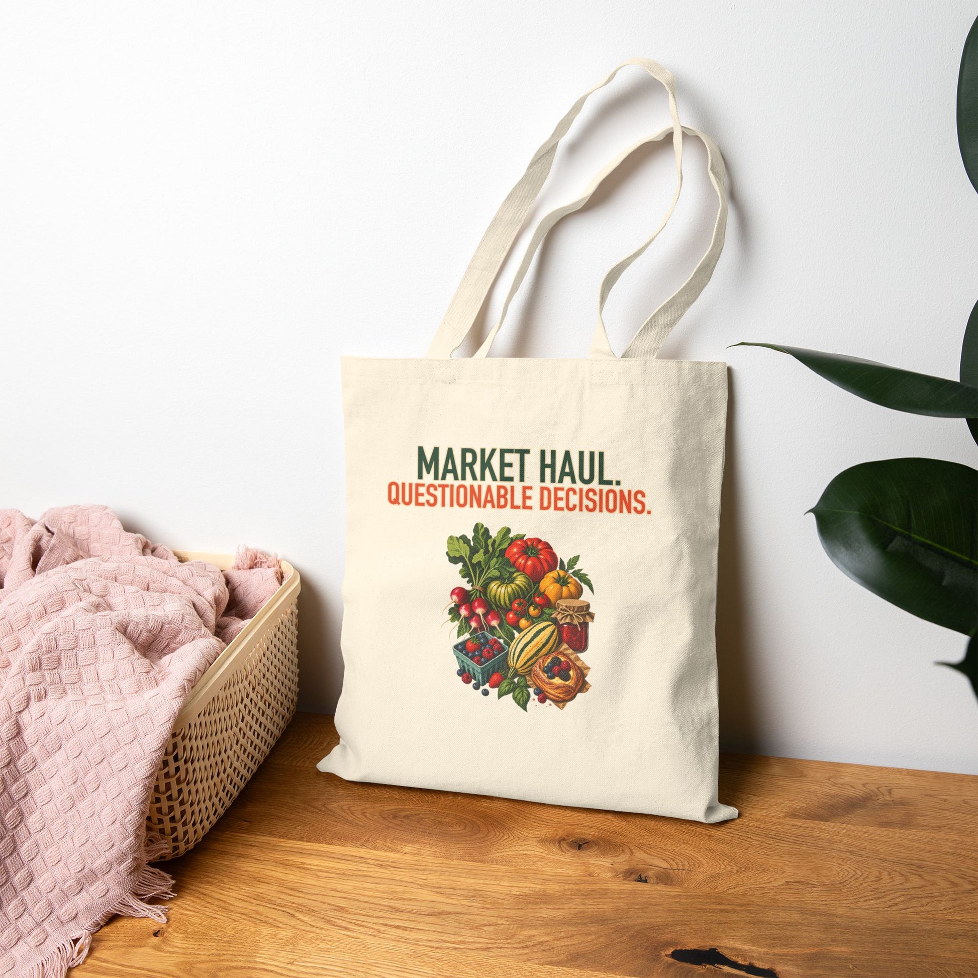 Market Haul: Questionable Decisions Tote, natural canvas tote displayed in a home setting