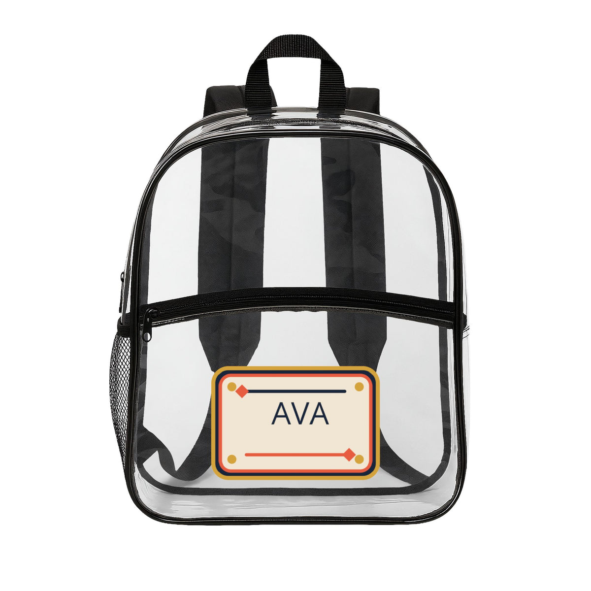 Clear backpack with black trim and a centered personalized name plaque
