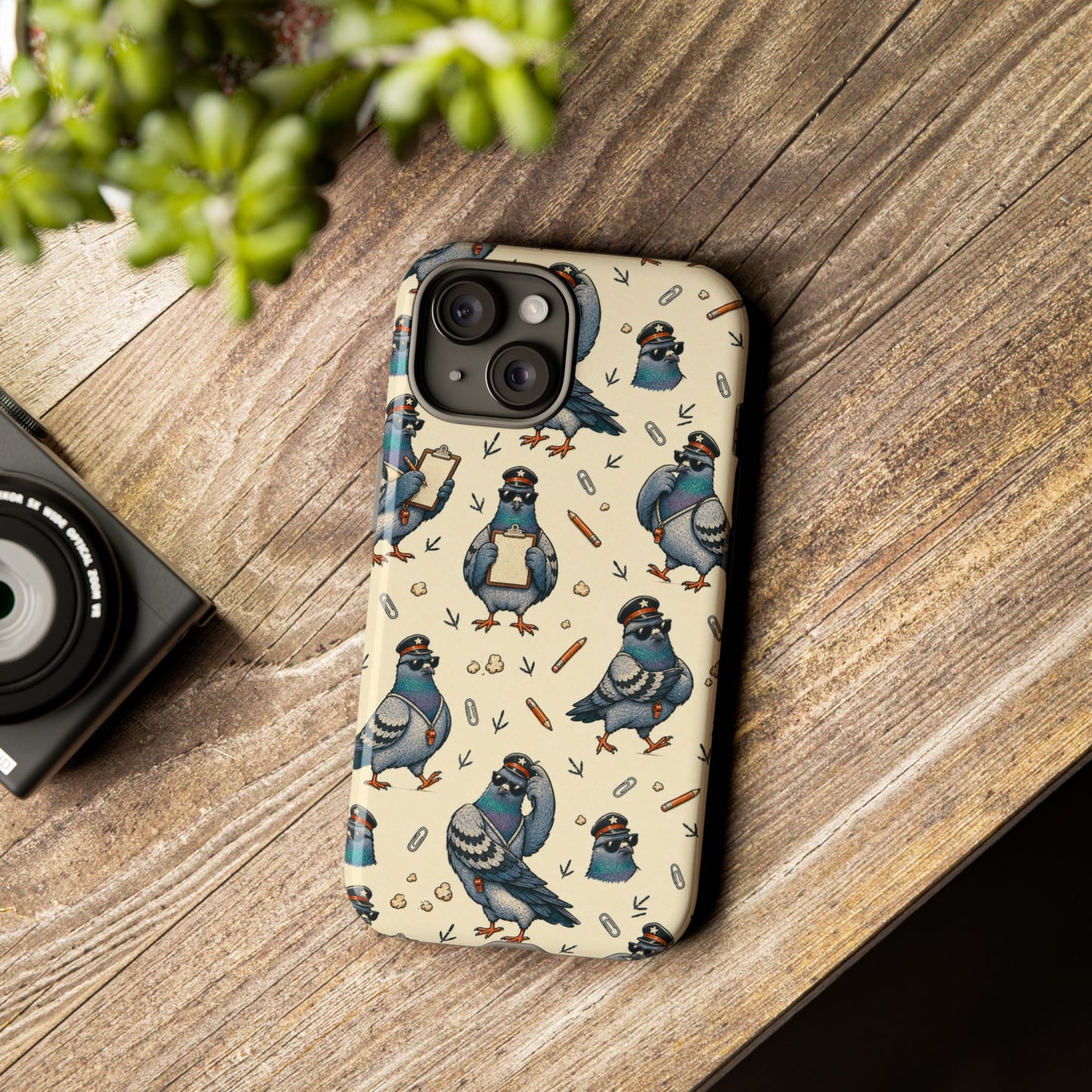 Petty Pigeon Pattern Tough Phone Case, tough case in a wood tabletop scene