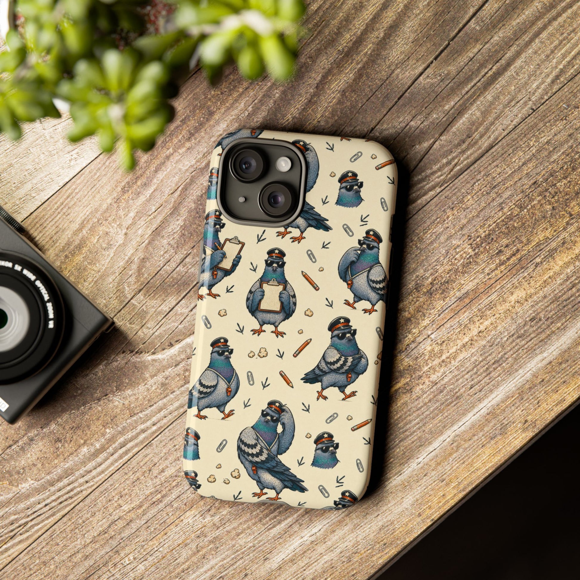 Petty Pigeon Pattern Tough Phone Case, tough case in a wood tabletop scene