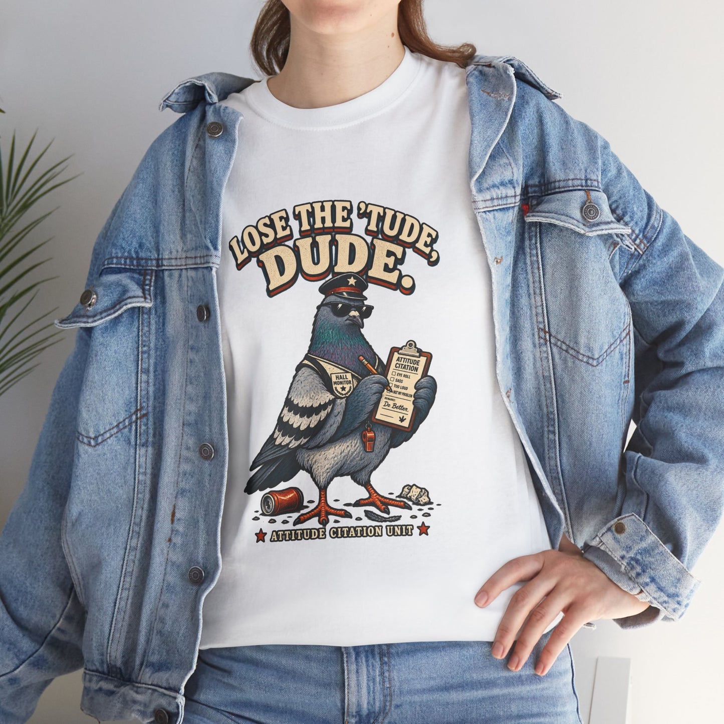Lose the ’Tude Dude Petty Pigeon Tee, Sand shirt worn by a model