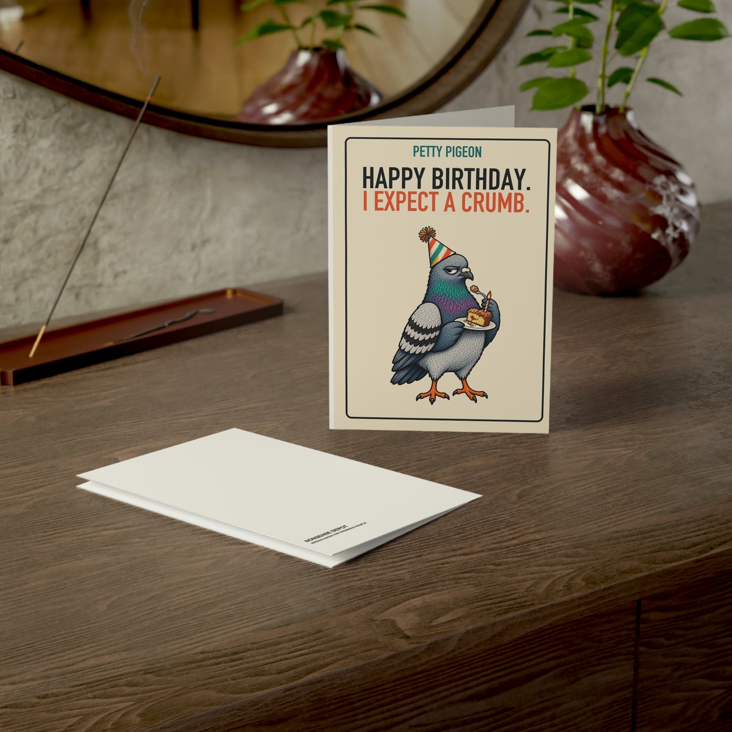I Expect a Crumb Birthday Card, card and envelope in a tabletop scene