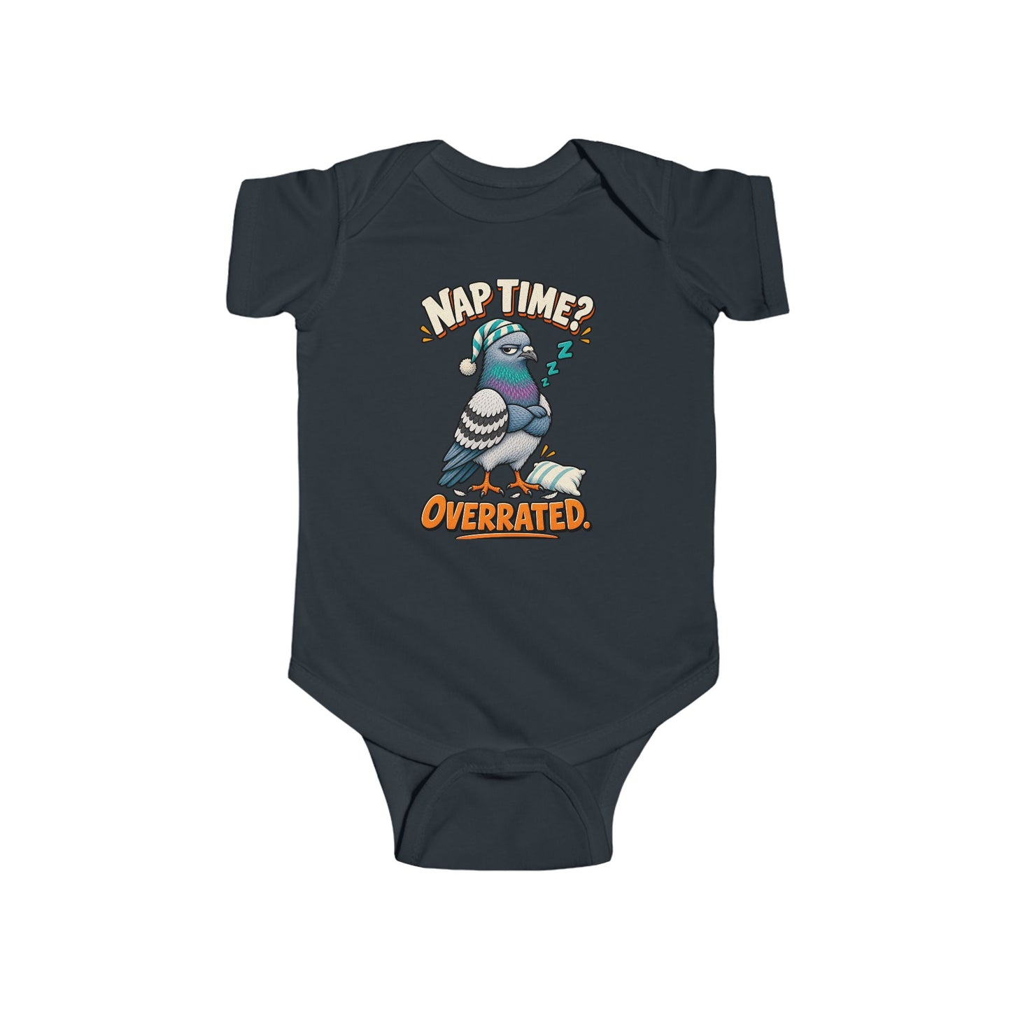 Nap Time Is Overrated Baby Bodysuit, Black infant bodysuit front view