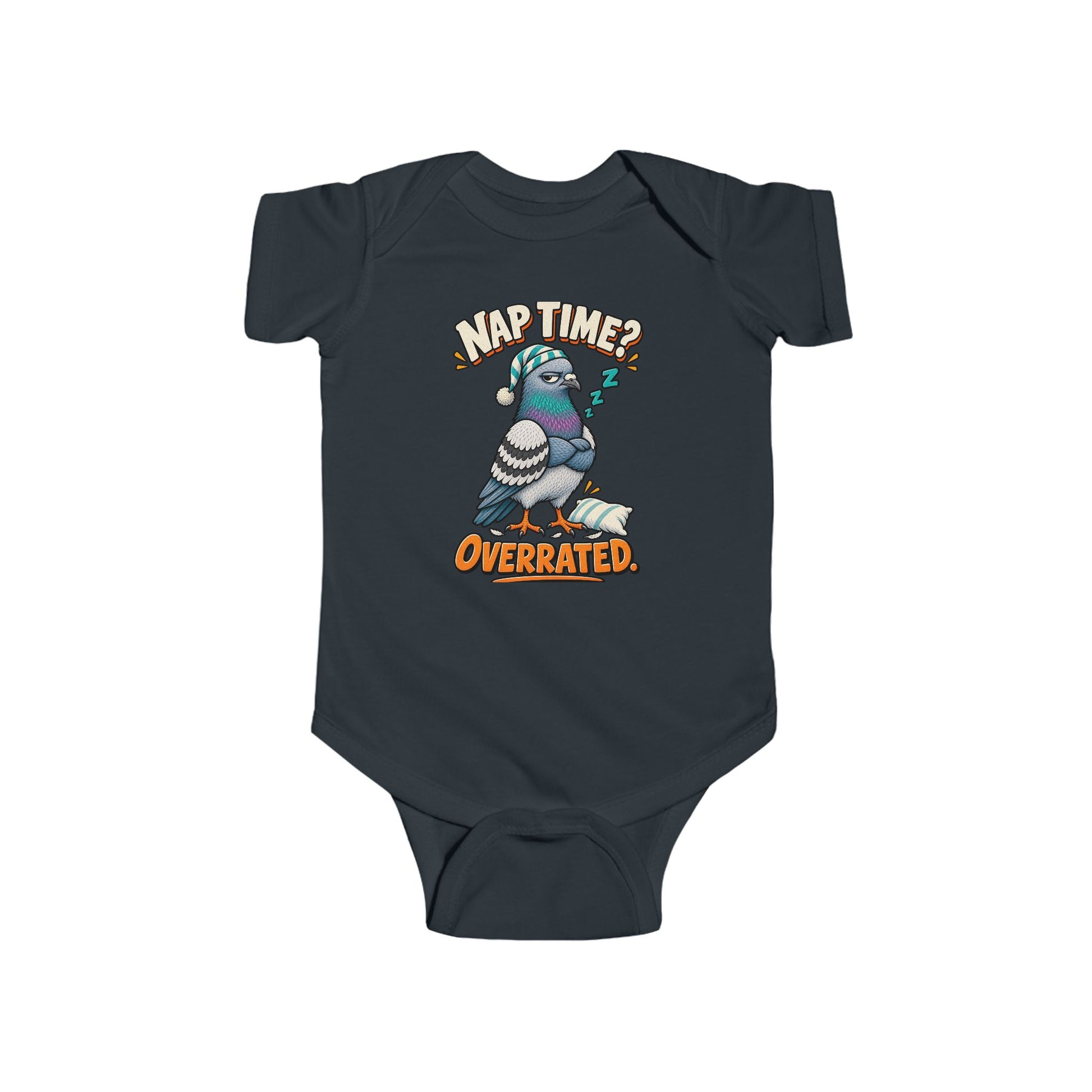 Nap Time Is Overrated Baby Bodysuit, Black infant bodysuit front view