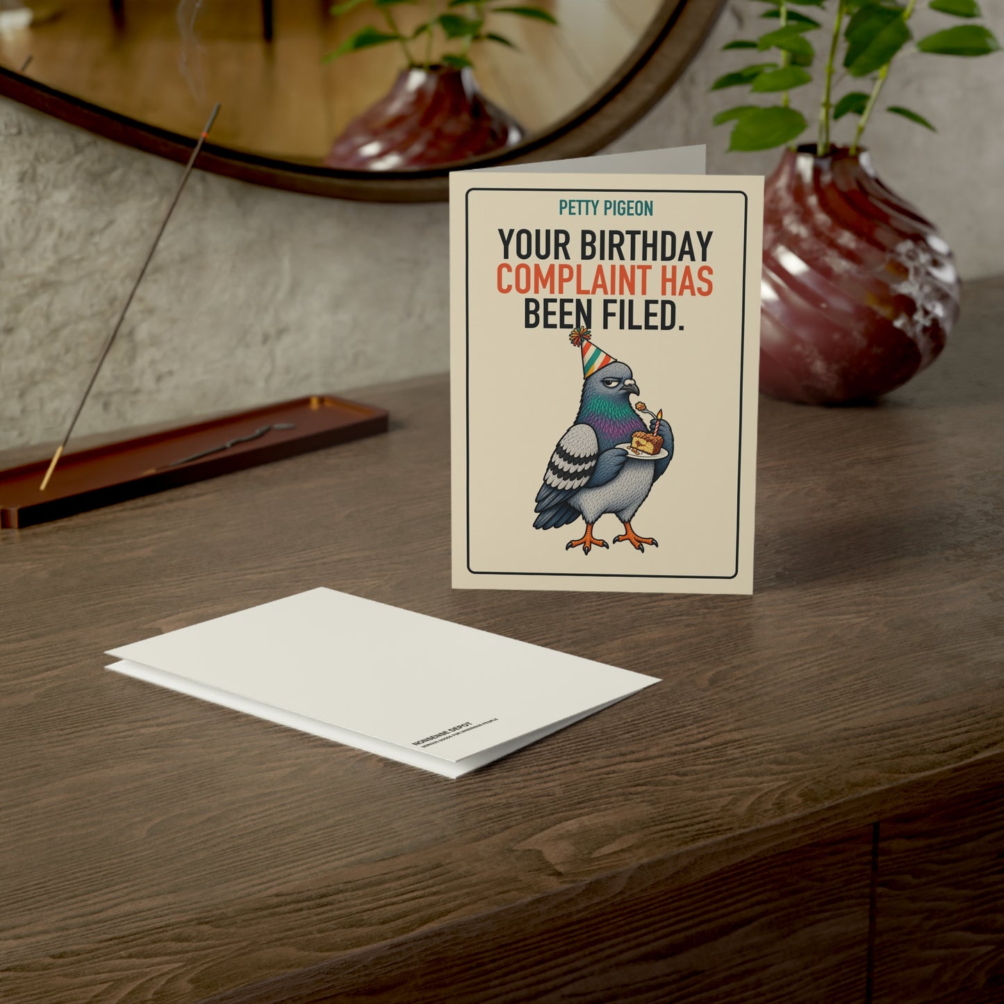 Birthday Complaint Filed Pigeon Card, card and envelope in a tabletop scene
