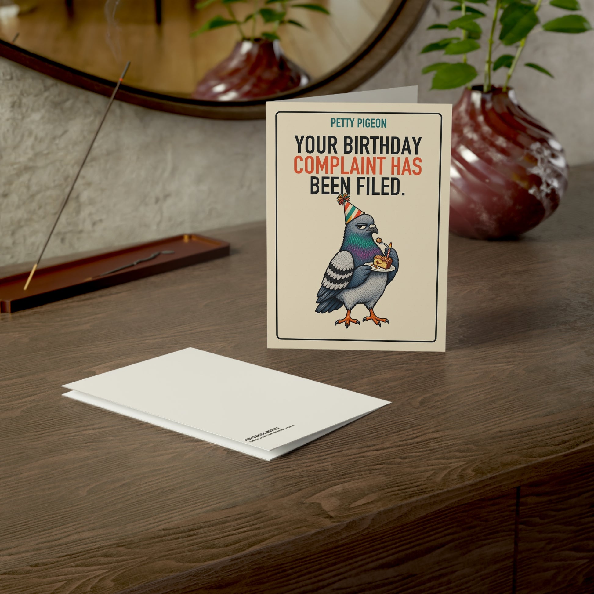 Birthday Complaint Filed Pigeon Card, card and envelope in a tabletop scene