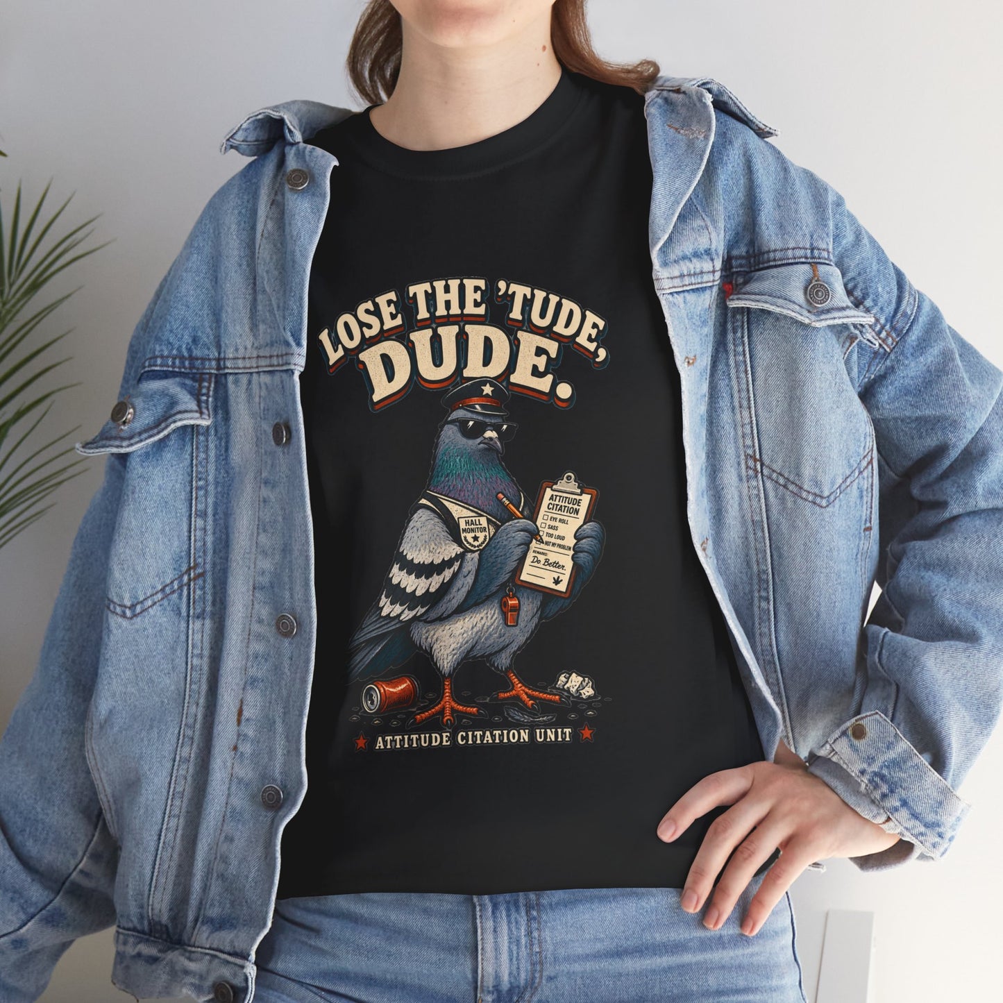 Lose the ’Tude Dude Petty Pigeon Tee, Black shirt worn by a model