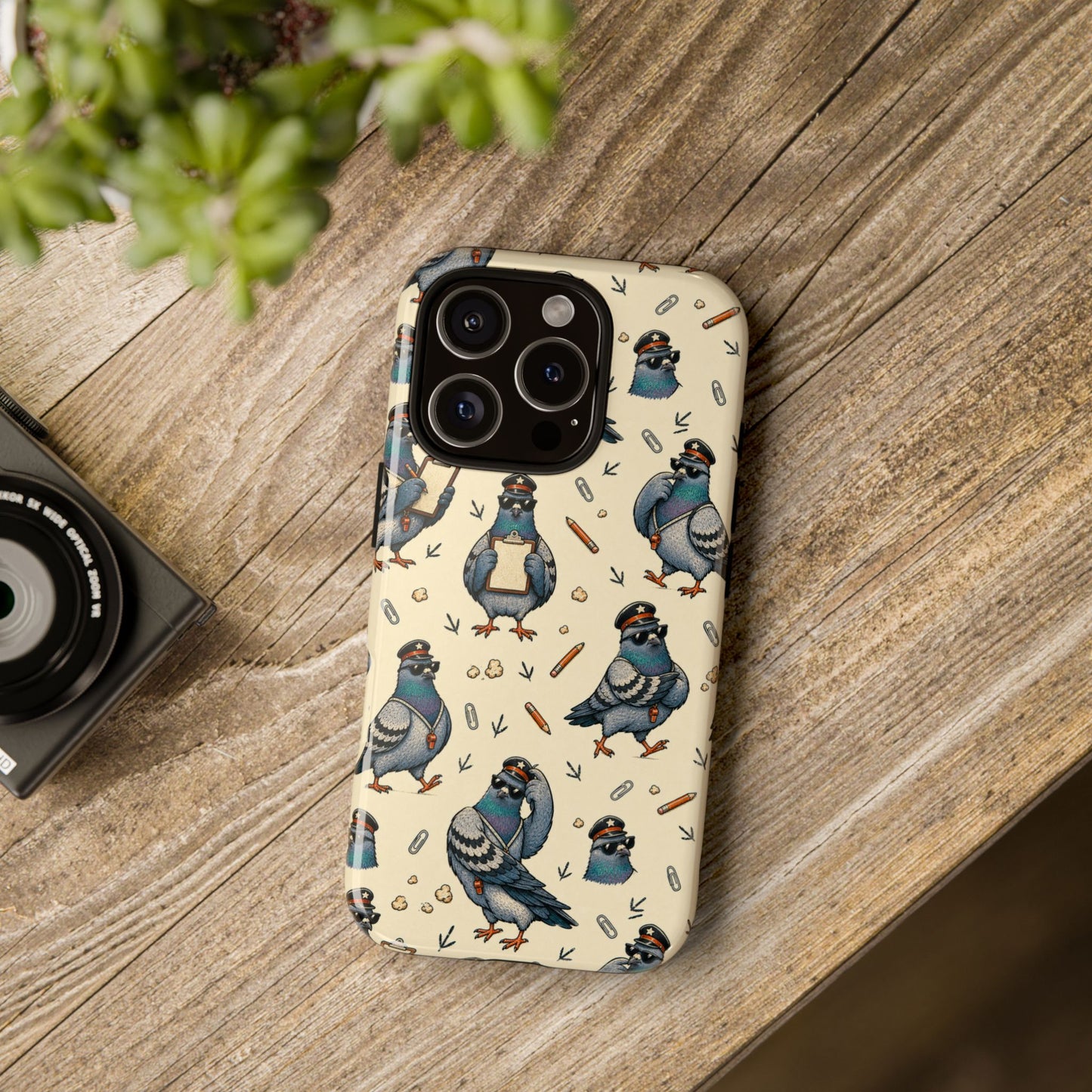 Petty Pigeon Pattern Tough Phone Case, tough case in a wood tabletop scene