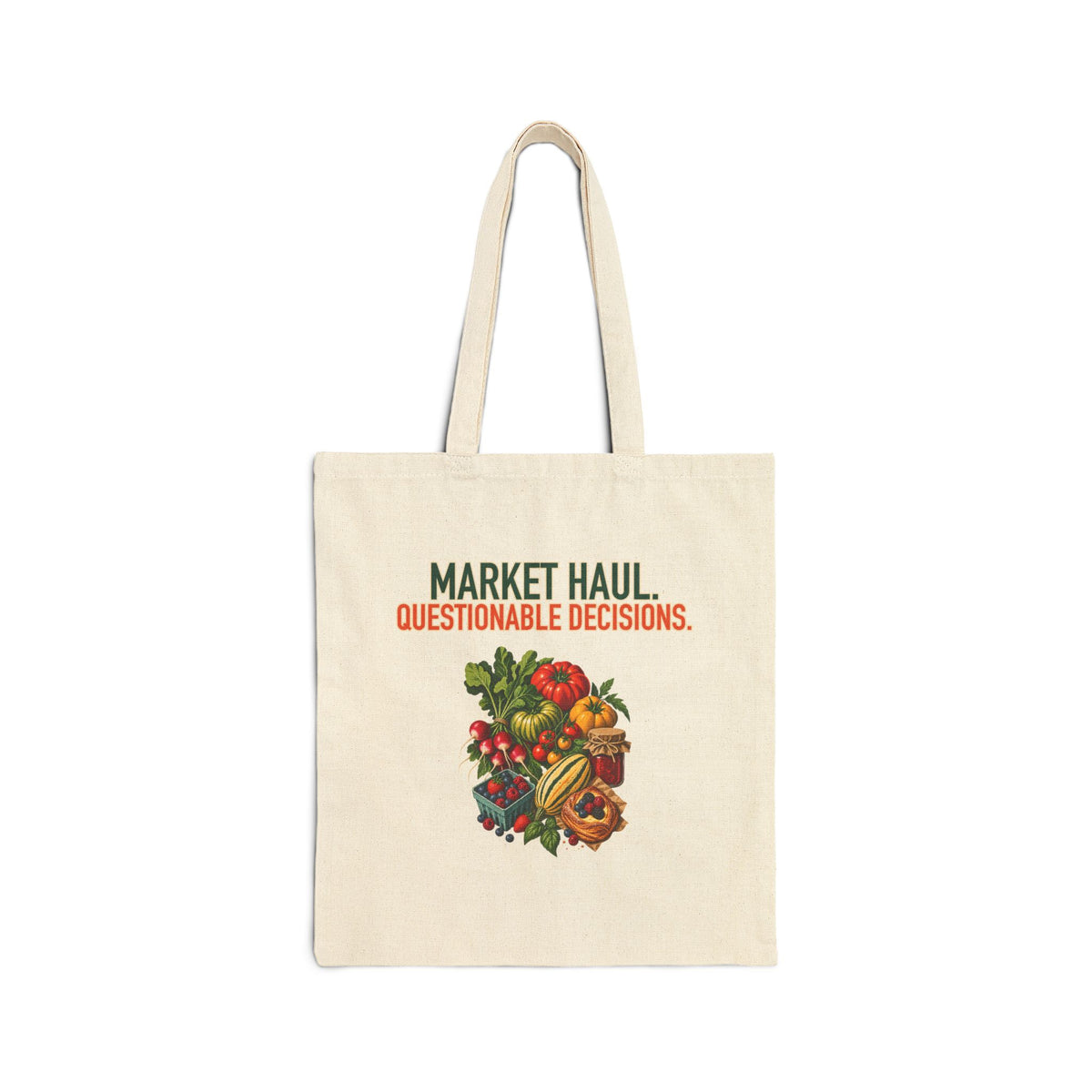 Market Haul Questionable Decisions natural canvas tote shown as the exact finished product