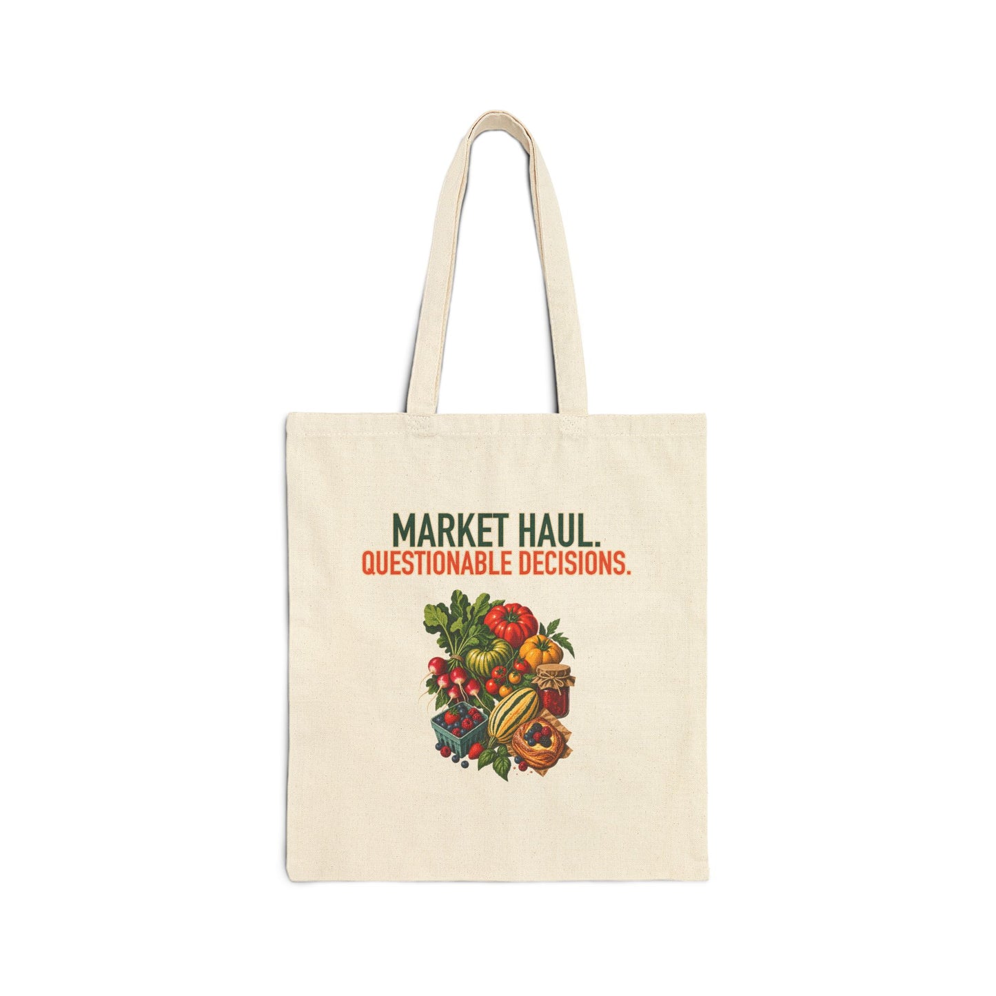 Market Haul: Questionable Decisions Tote, front print on a natural canvas tote