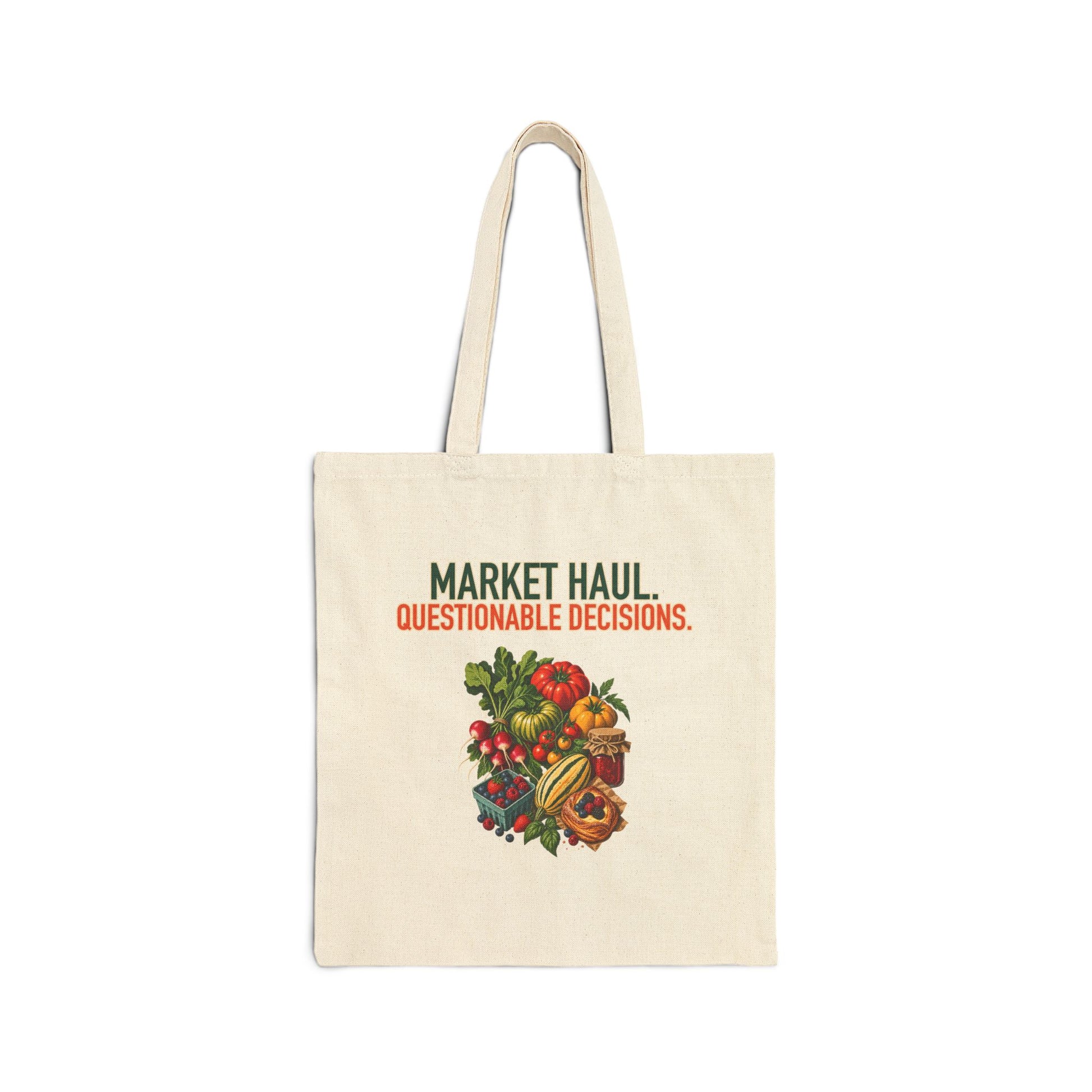 Market Haul: Questionable Decisions Tote, front print on a natural canvas tote
