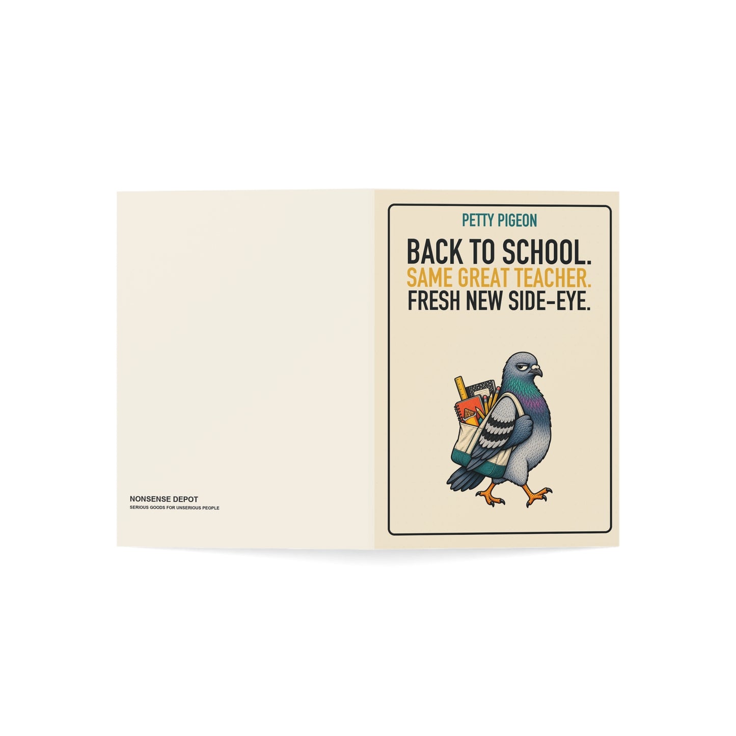 Fresh New Side-Eye Teacher Card, open card showing the front and back