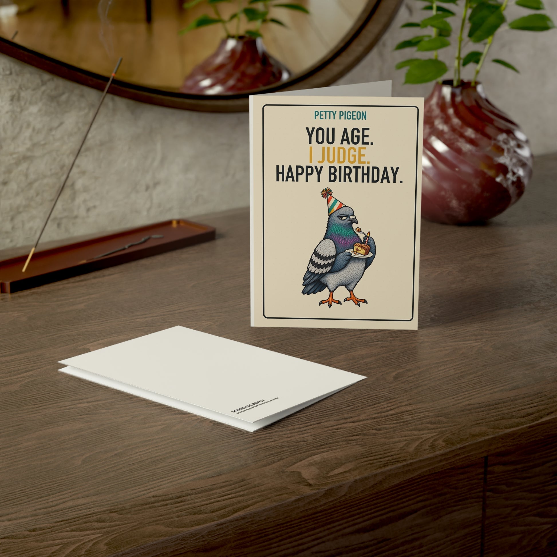 You Age. I Judge. Birthday Card, card and envelope in a tabletop scene