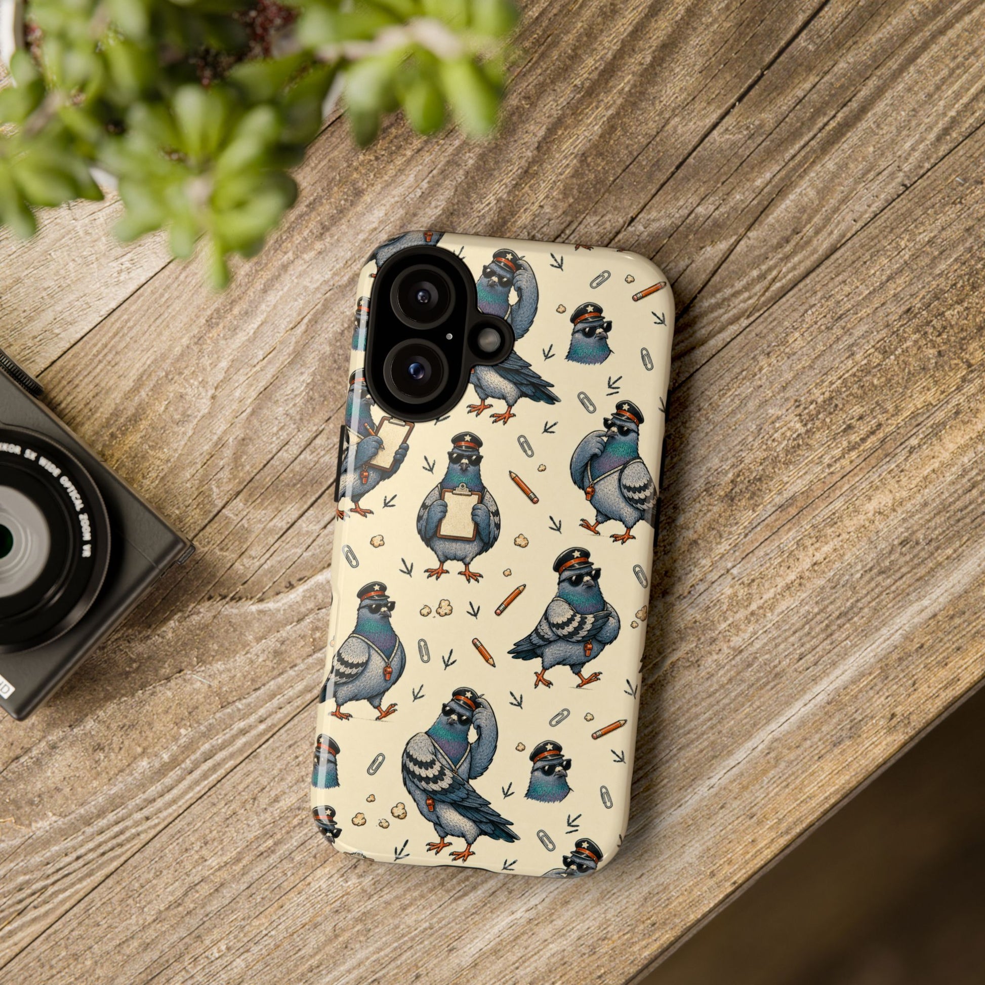 Petty Pigeon Pattern Tough Phone Case, tough case in a wood tabletop scene
