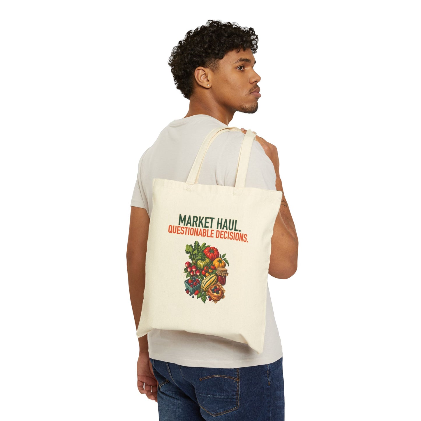 Market Haul: Questionable Decisions Tote, natural canvas tote worn over the shoulder