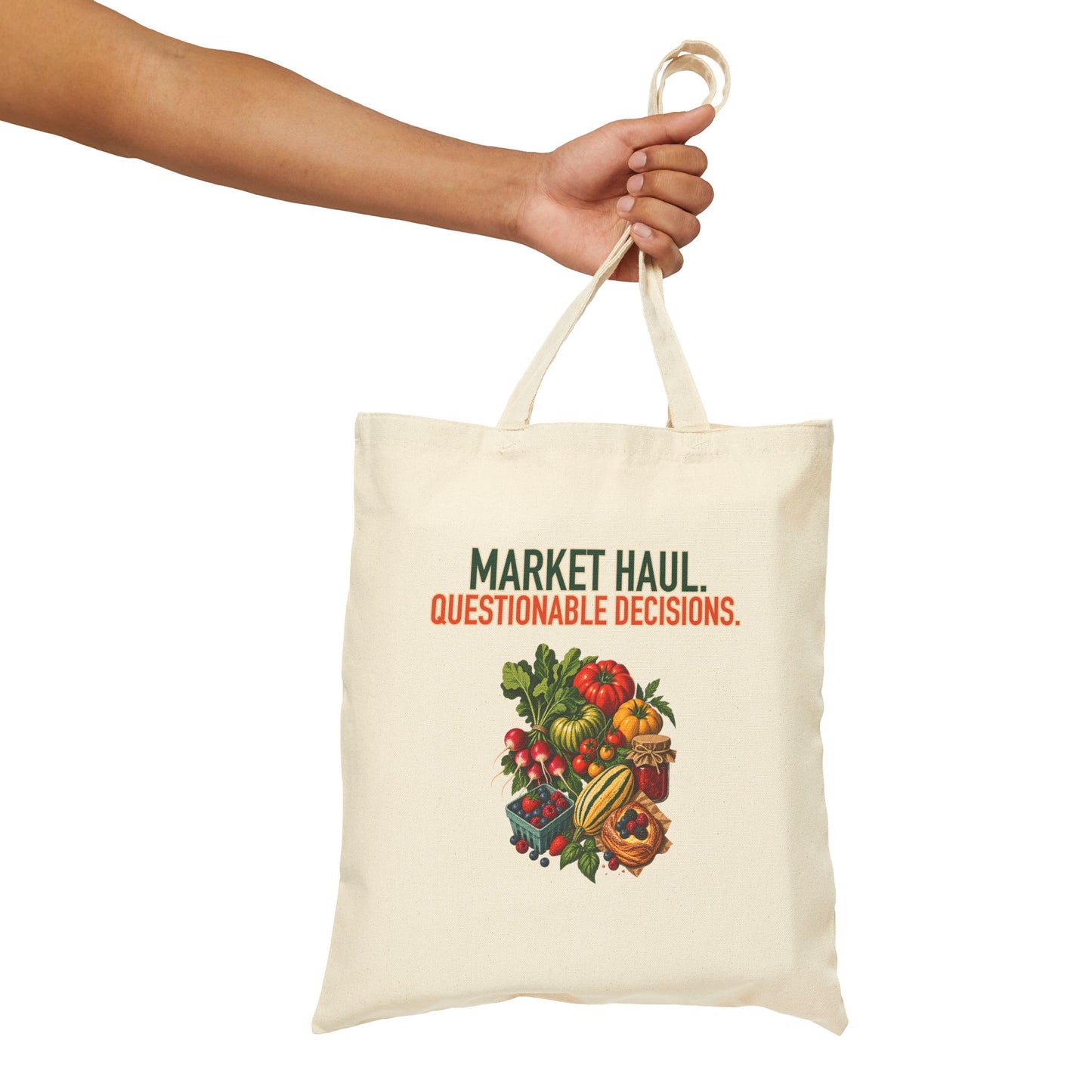 Market Haul: Questionable Decisions Tote, natural canvas tote held by the handles