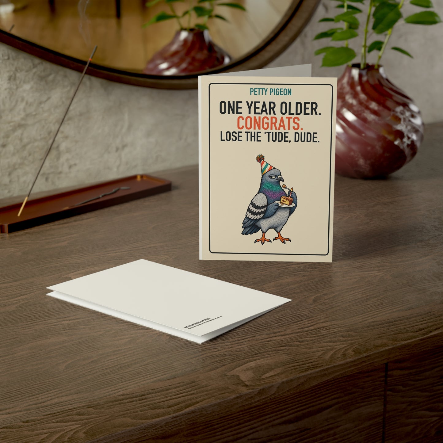 Lose the ’Tude Dude Birthday Card, card and envelope in a tabletop scene