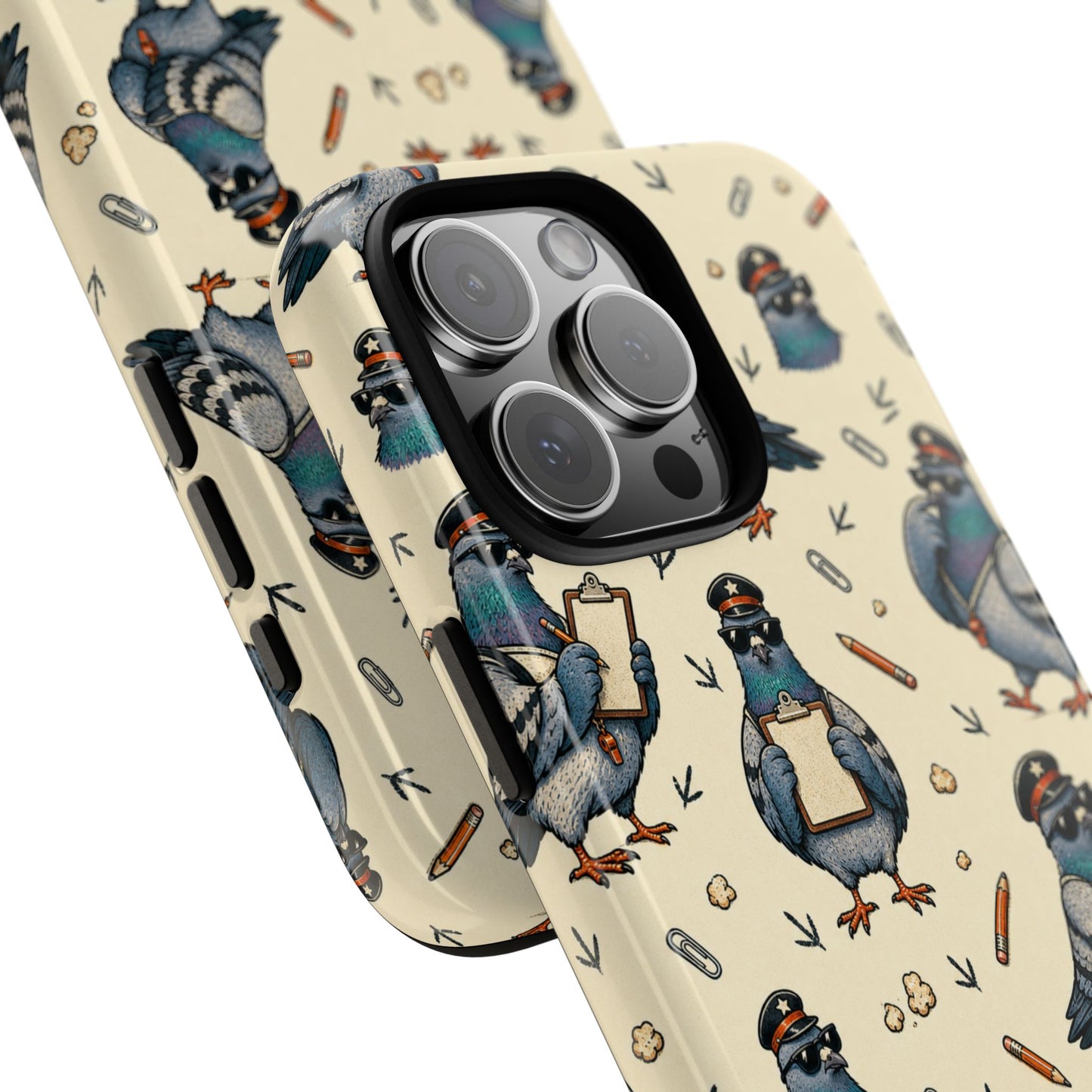 Petty Pigeon Pattern Tough Phone Case, camera and side-button print detail