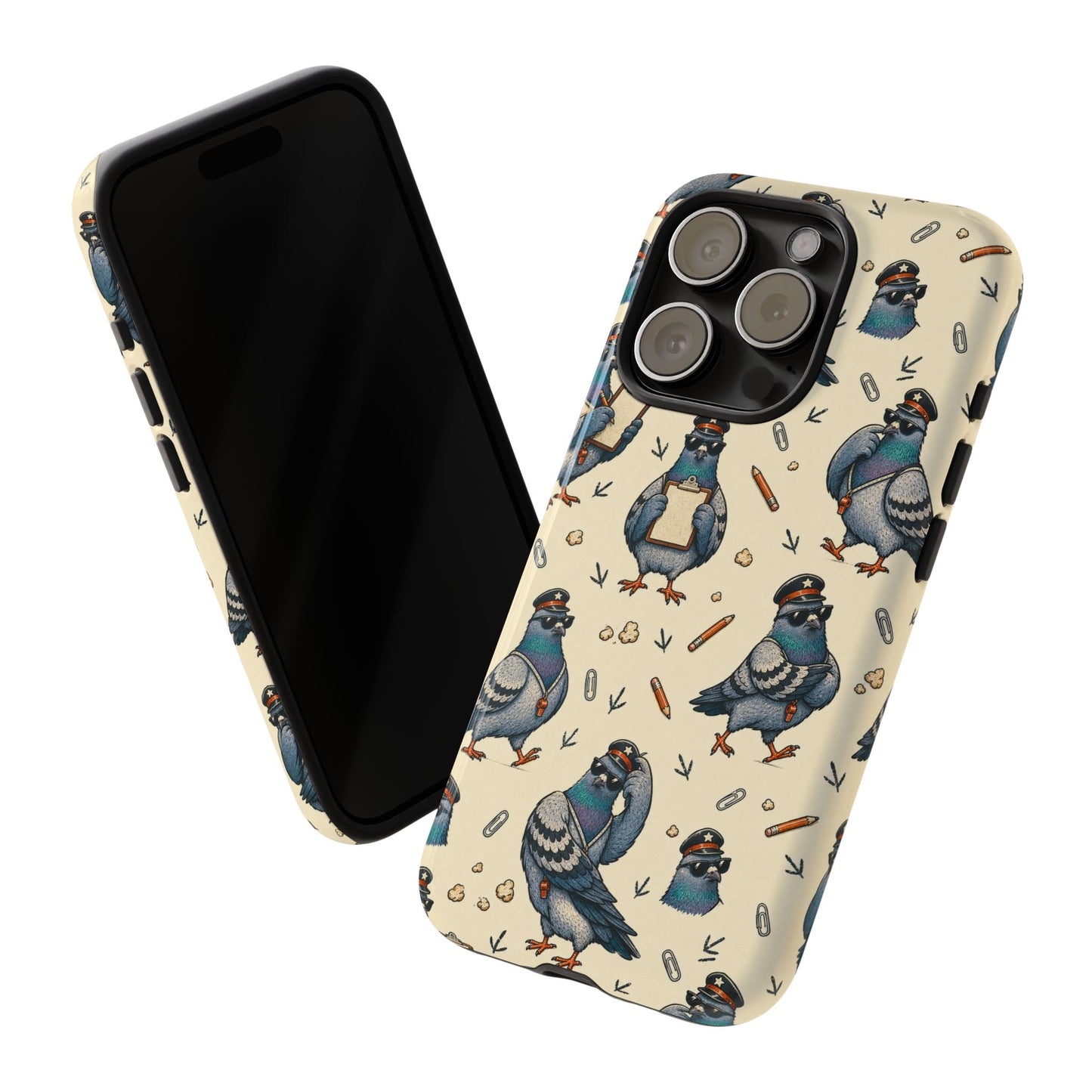 Petty Pigeon Pattern Tough Phone Case, tough case front-and-back angled view