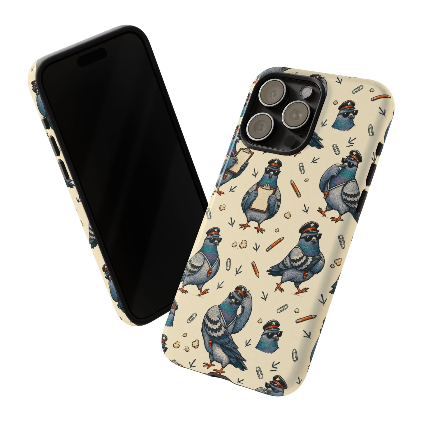 Petty Pigeon Pattern Tough Phone Case, tough case front-and-back angled view