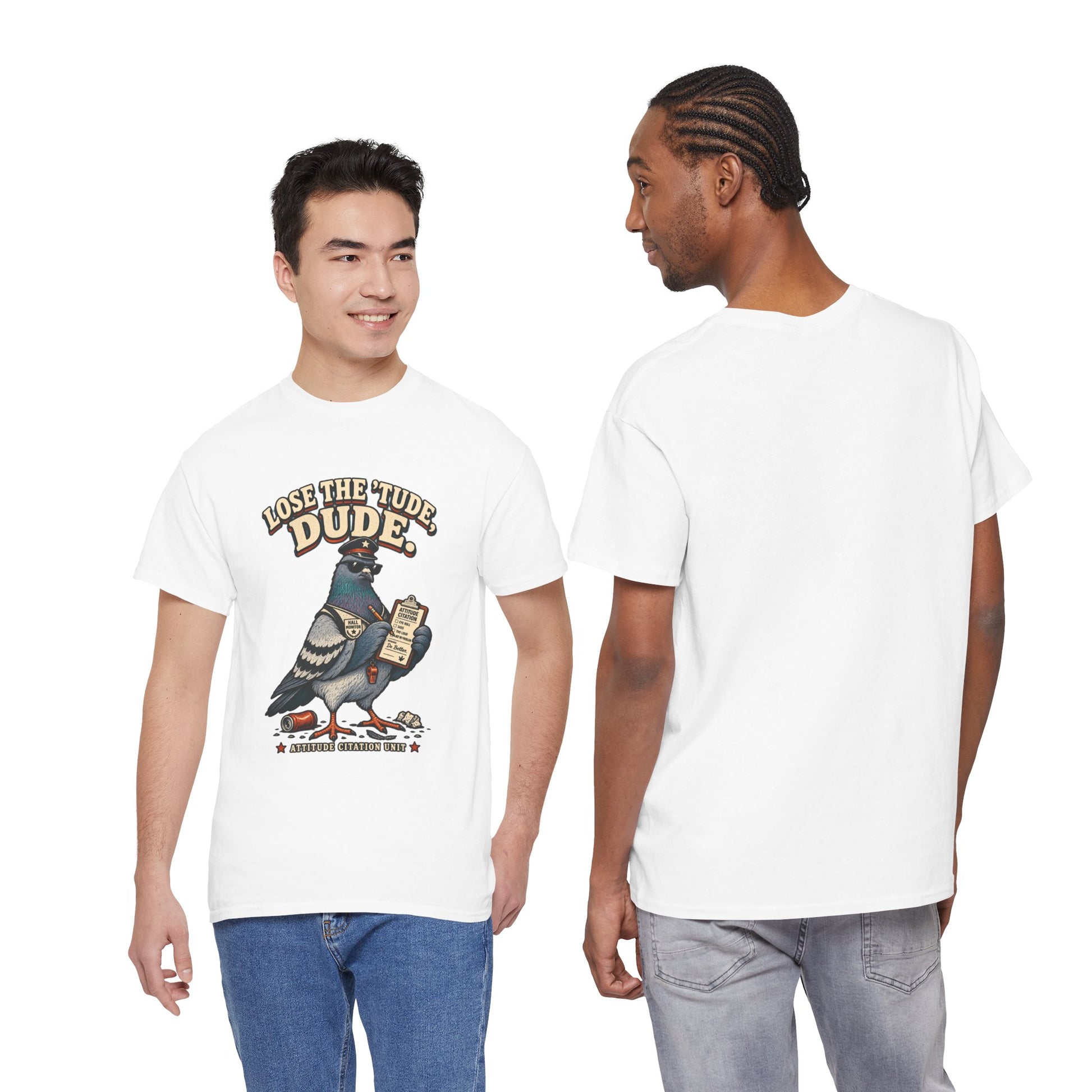 Lose the ’Tude Dude Petty Pigeon Tee, Sand shirt front-and-back fit view