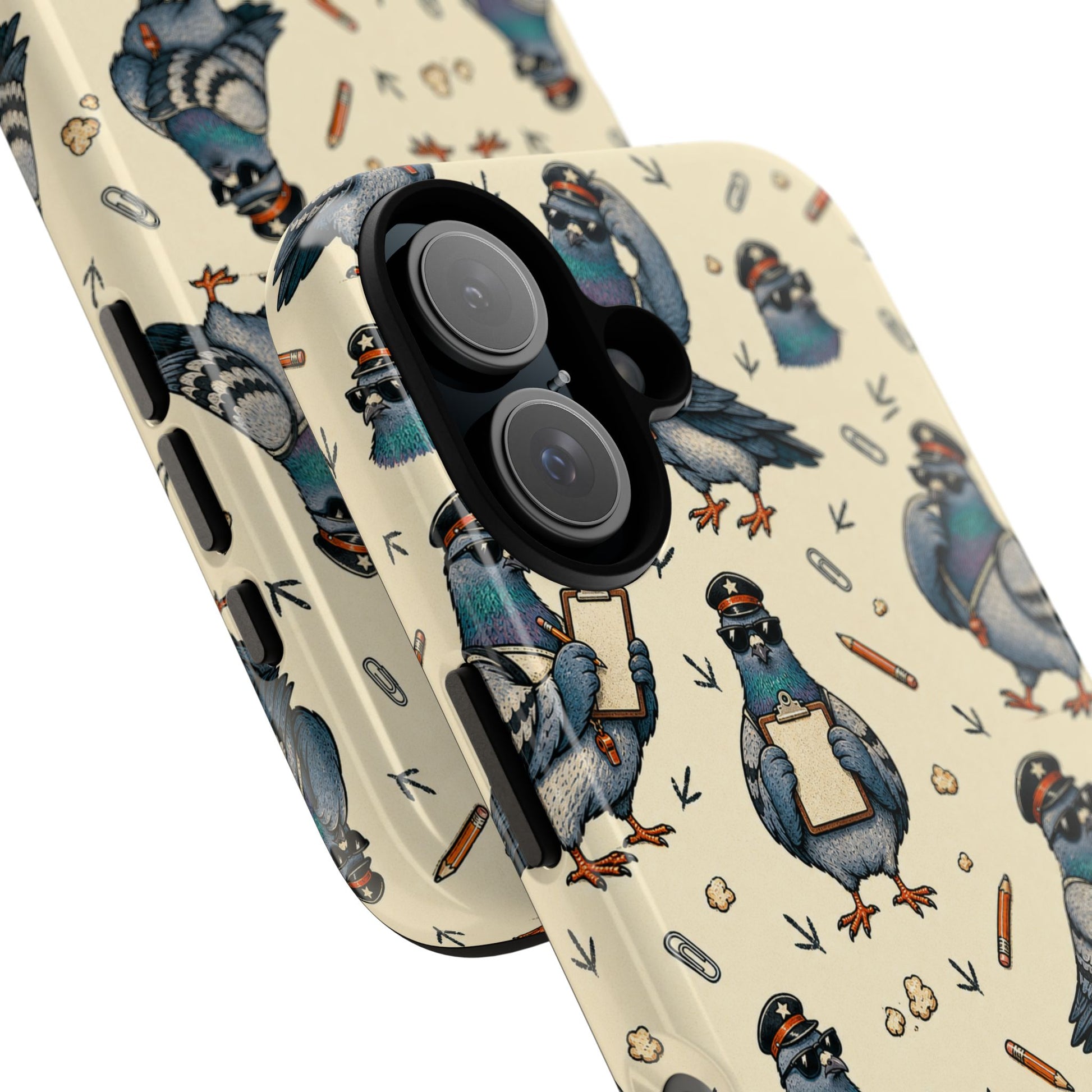 Petty Pigeon Pattern Tough Phone Case, camera and side-button print detail
